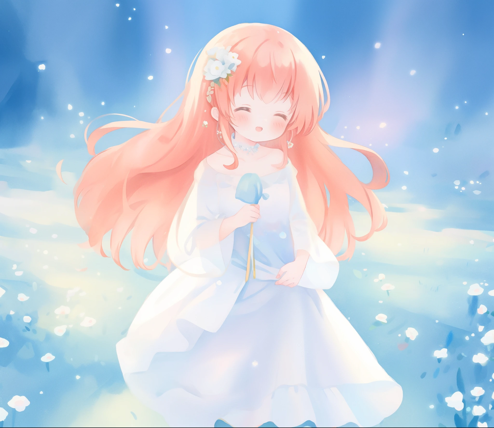beautiful girl in sparkling white ballgown, puffy flowing ballgown, sheer fluttering sleeves, glowing ballgown, long red gold hair, colorful fantasia background, delicate white flowers in her hair, watercolor illustration, glowing lights, beautiful digital illustration, fantasia otherworldly landscape, beautiful, masterpiece, best quality