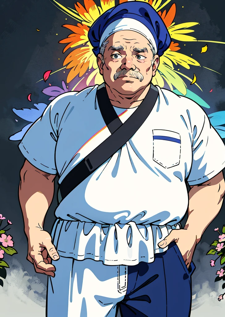 Dr Alphonse Mephesto (1 man, bandana, obese, middle-aged old man, rainbow flowers on shirt) with white panties on his head and mad