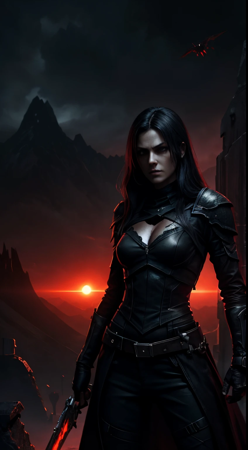 motivation, dark,evil, scifi style, female,red, darker, dark background, evil character, horror style, fighting dark pit, dead monsters ,walley of dead sun , dark, mountains, graveyard