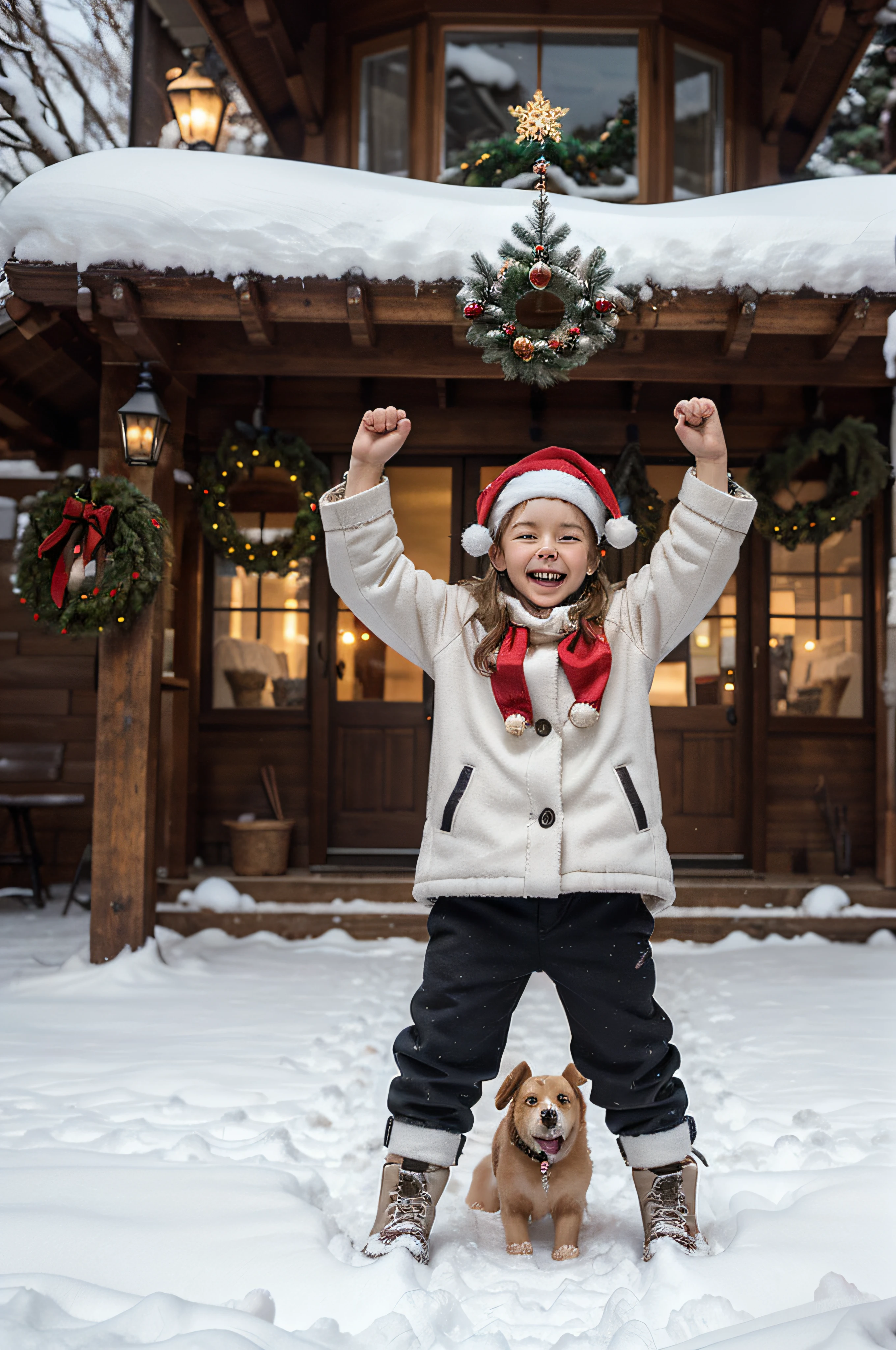 Show moments of Christmas joy in a snow village, with a big smiling child playing with his dog under a beautiful Christmas tree, ultra detail, upscale, 8k
