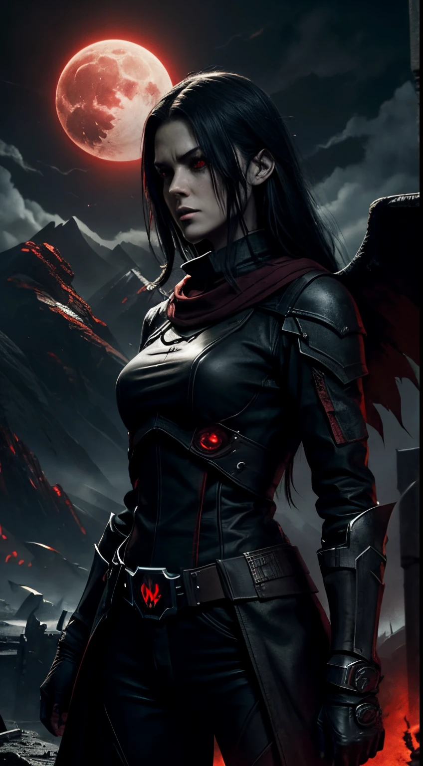 motivation, dark,evil, scifi style, female,red, darker, dark background, evil character, horror style, fighting dark pit, dead monsters ,walley of dead sun , dark, mountains, graveyard