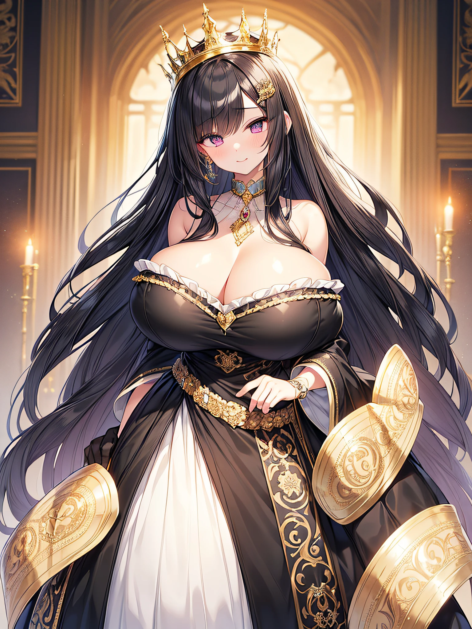 anime artstyle,Masterpiece,(Best Quality),(Super Detail),(Very Delicate and Beautiful),(Solo),((full body portrait)),full body,full body portrait,(detailed face and eyes),jewel-like beautiful eyes,(ruffled gorgeous black rococo ballgown decorated with frilled voluminous full length hoop skirt),(Decadent and arrogant queen),Purple eyes,(Bangs between eyes),(arrogant,haughty),arrogant smile,((1 arrogant queen in a beautiful embroidery and jeweled gorgeous black rococo ballgown with voluminous full length hoop skirt)),((gold trim,Decadent,Crinoline)),super detailed gorgeous rococo black ballgown with frilled voluminous full length hoop skirt,(black Hair,large amount of straight hair,extremely voluminous Very Long straight Hair,Absolutely Long Straight Hair),((gigantic boobs)),cleavage,(fantasy castle,outdoors,outside the castle),long_gloves,extremely gorgeousfull jeweled hair ornament,bling-bling extremely gorgeousfull jeweled tiara,(luxurious jewelry),full body portrait