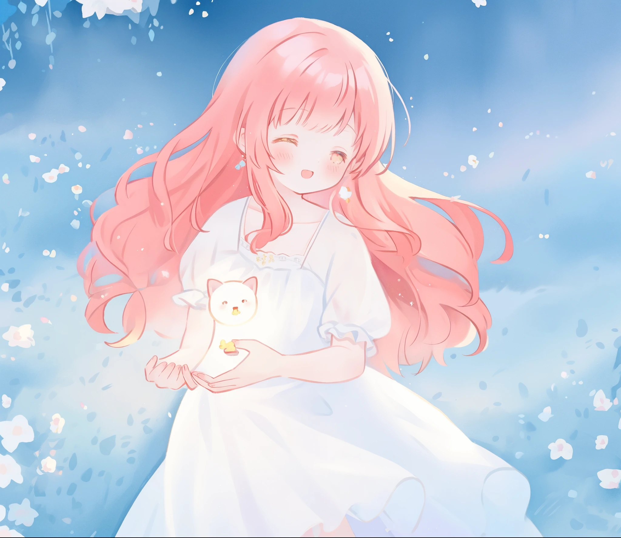 beautiful girl in sparkling white ballgown, puffy flowing ballgown, sheer fluttering sleeves, glowing ballgown, long red gold hair, colorful fantasia background, delicate white flowers in her hair, watercolor illustration, glowing lights, beautiful digital illustration, fantasia otherworldly landscape, beautiful, masterpiece, best quality