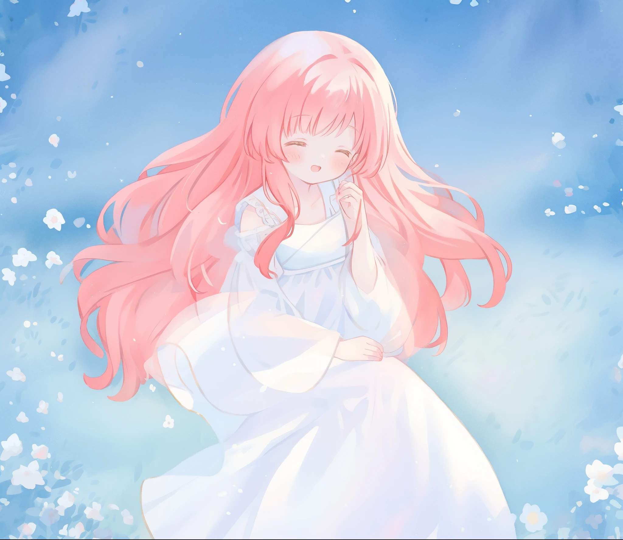beautiful girl in sparkling white ballgown, puffy flowing ballgown, sheer fluttering sleeves, glowing ballgown, long red gold hair, colorful fantasia background, delicate white flowers in her hair, watercolor illustration, glowing lights, beautiful digital illustration, fantasia otherworldly landscape, beautiful, masterpiece, best quality