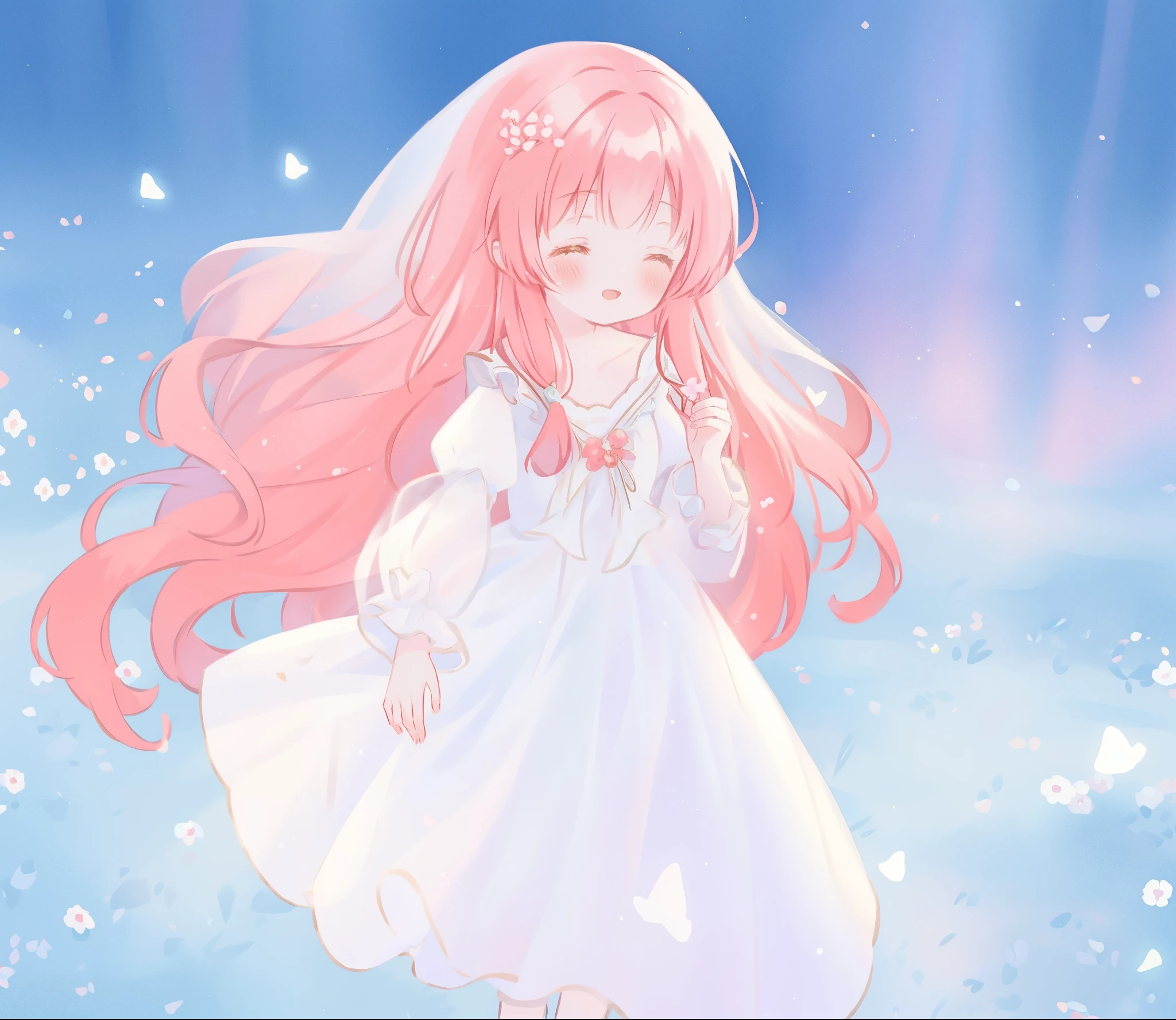 Anime girl in white dress with long pink hair and white dress - SeaArt AI