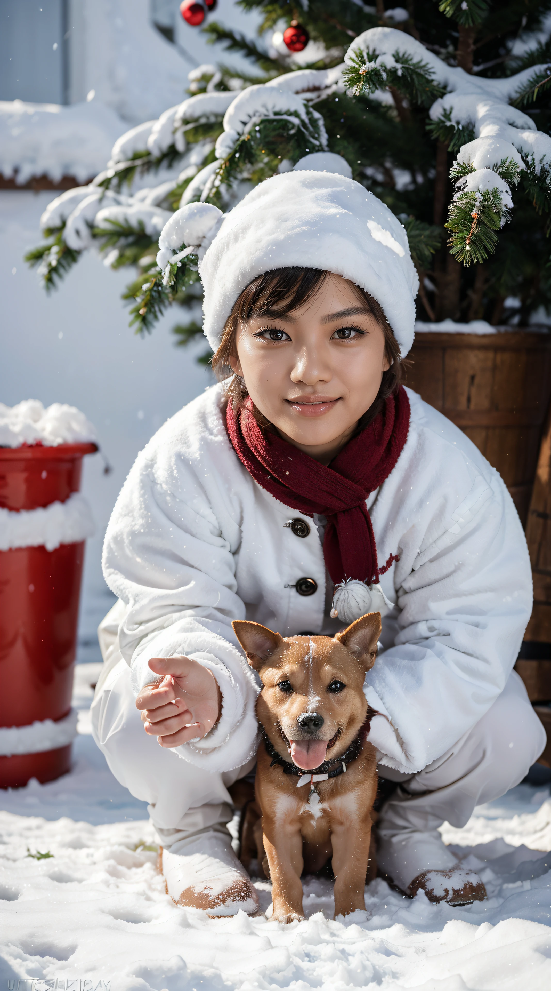 Show moments of Christmas joy in a snow village, with a big smiling child playing with his dog under a beautiful Christmas tree, ultra detail, upscale, 8k
