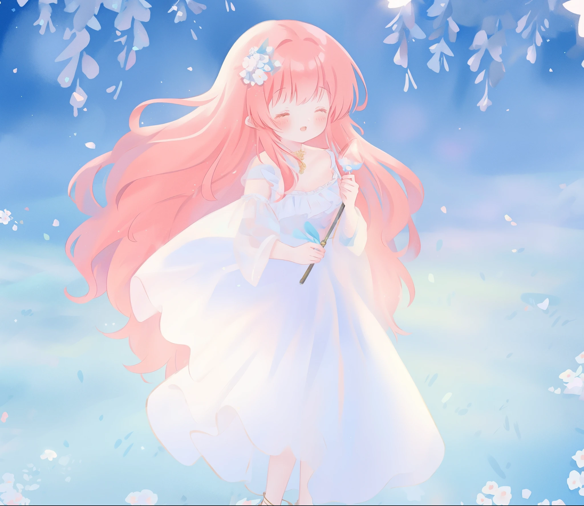 beautiful girl in sparkling white ballgown, puffy flowing ballgown, sheer fluttering sleeves, glowing ballgown, long red gold hair, colorful fantasia background, delicate white flowers in her hair, watercolor illustration, glowing lights, beautiful digital illustration, fantasia otherworldly landscape, beautiful, masterpiece, best quality