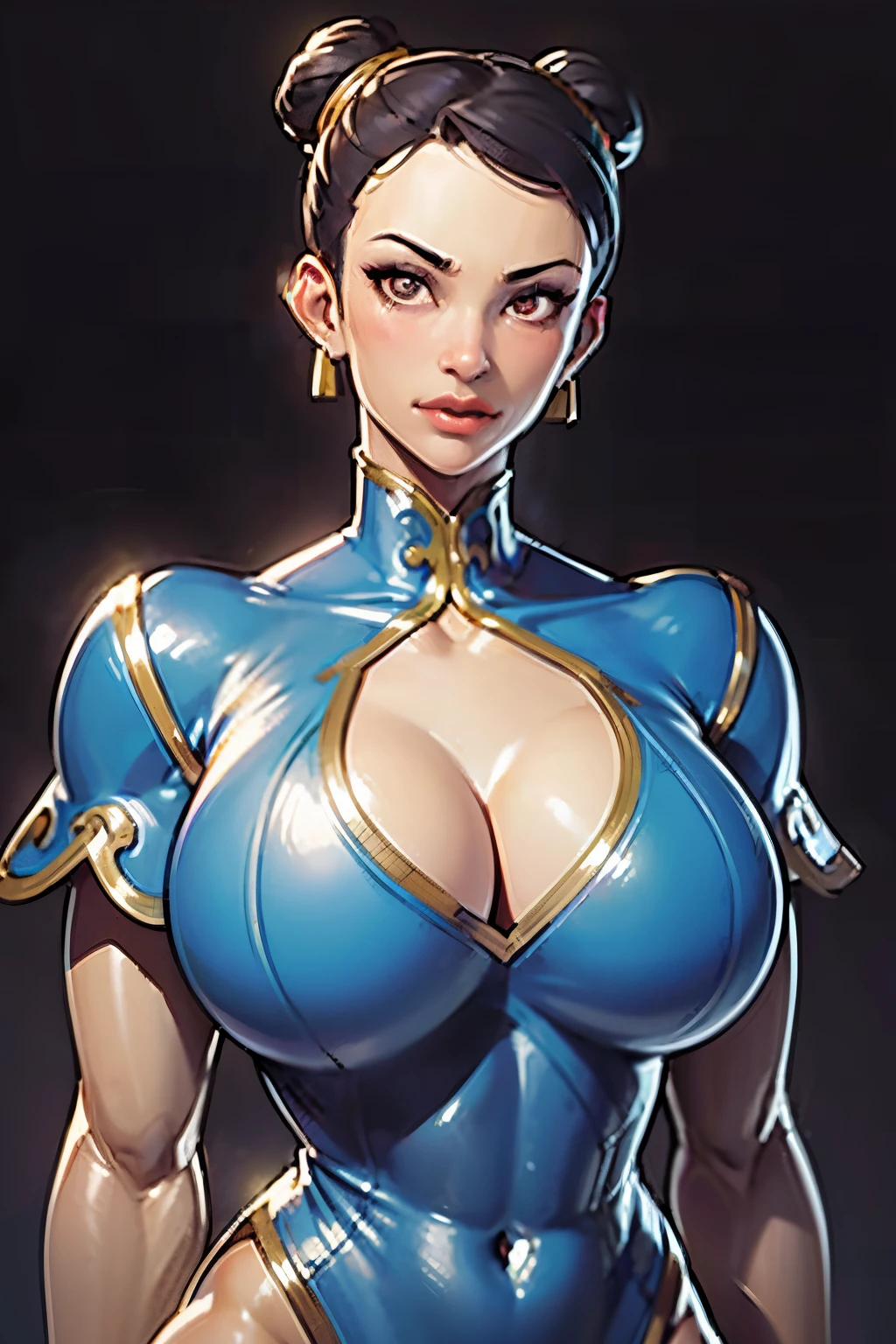 from street fighter,(big breast:1.5),dynamic poses, totally wide open her chest,big chest,super perfect body curve,S-shaped body,anime waifu (18 years old)-hot daddy-frivolity-body language, fit figure, bad laughing,gorgeous perfect face, realistic style and super detailed renderings, superrealism,kawaii, zbrush, super-realistic oil, contour shadow-process - (Waiting to start)