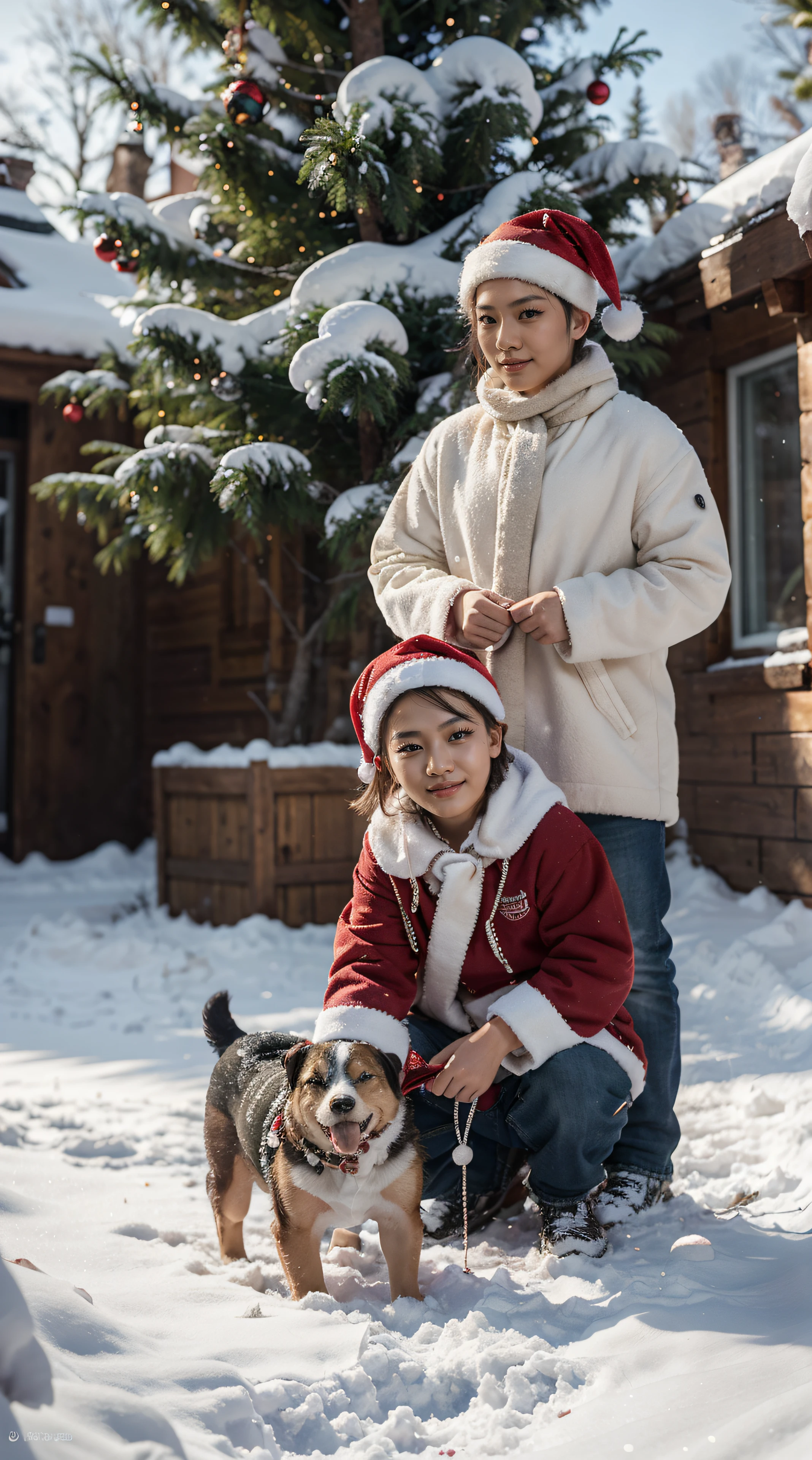 Show moments of Christmas joy in a snow village, with a big smiling child playing with his dog under a beautiful Christmas tree, ultra detail, upscale, 8k