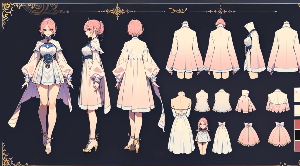 cute anime woman with red hair, shag with Piece-y Bangs hairstyle, smiling at the viewer, warm smile, (pale skin with freckles), (pearl long summer dress underneath a thick loose beige wool sweater), pastel colors theme, ((shoujo female protagonist))), anime character reference sheet, female anime character, anime character design, full body concept, anime full body illustration, ( ( character concept art ) ), full body concept art, white background