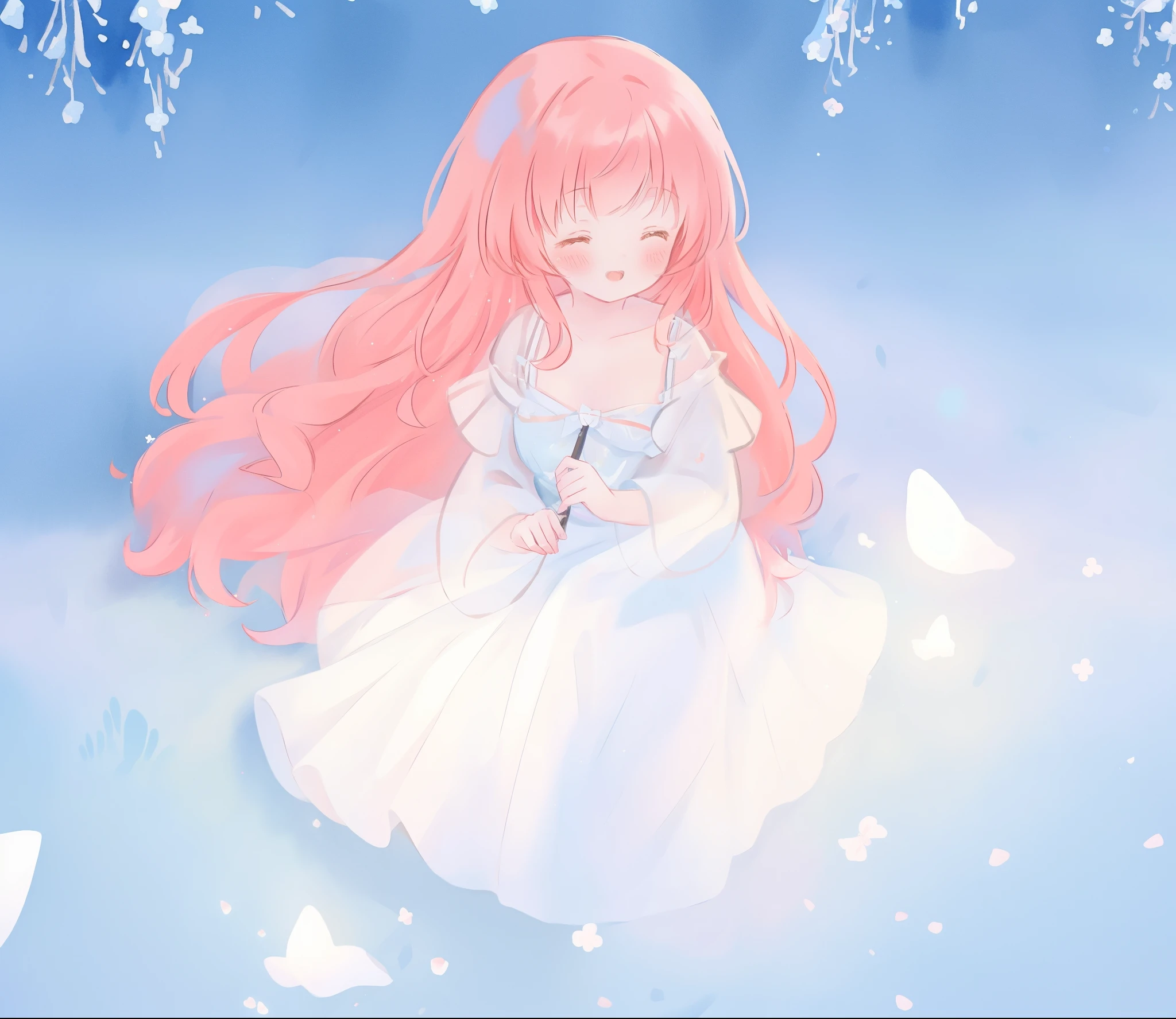 beautiful girl in sparkling white ballgown, puffy flowing ballgown, sheer fluttering sleeves, glowing ballgown, long red gold hair, colorful fantasia background, delicate white flowers in her hair, watercolor illustration, glowing lights, beautiful digital illustration, fantasia otherworldly landscape, beautiful, masterpiece, best quality