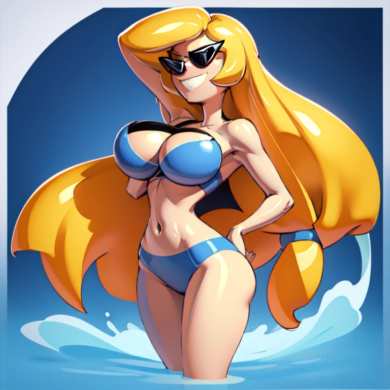 1girls, sunnymiamitf, huge breasts, narrow waist, wide hips, Sunglasses, teeth, straight hair, very long hair, blonde hair, blue strapless bikini, beach
