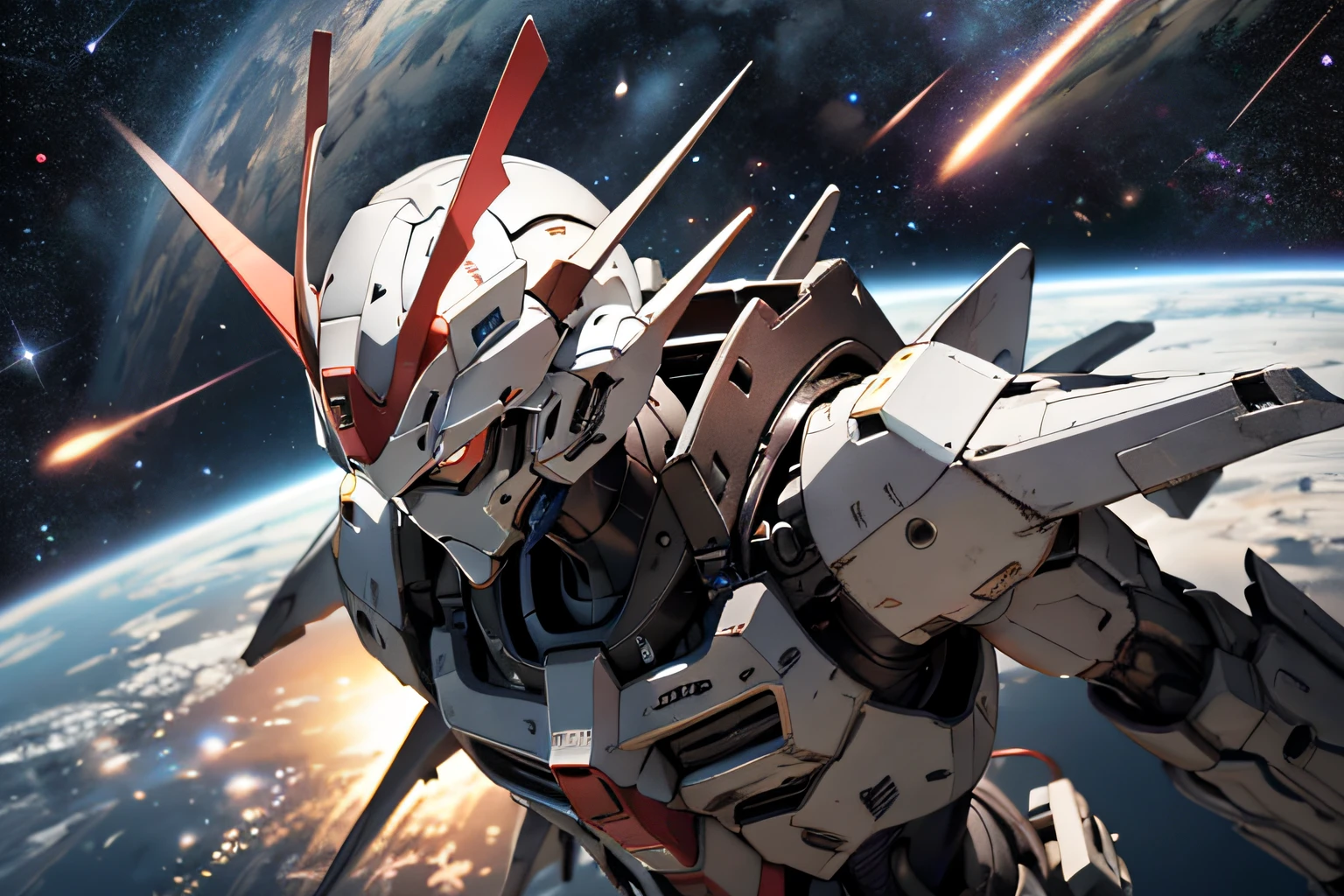 Gundam with blue and red body、Fly in outer space。Earth with stars on background、