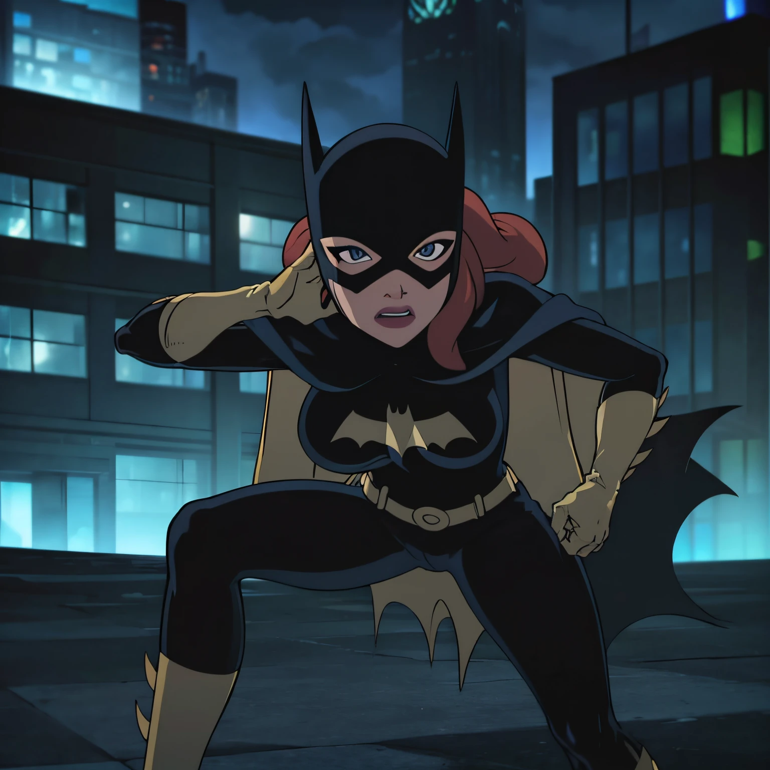 ((1 man and 1 girl)),a couple having sex, table sex, the man putting the girl on the table and having sex from behind, the girl bend over the table, the man grabbed her ankles, girl red hair , passionate sex, batman and batgirl