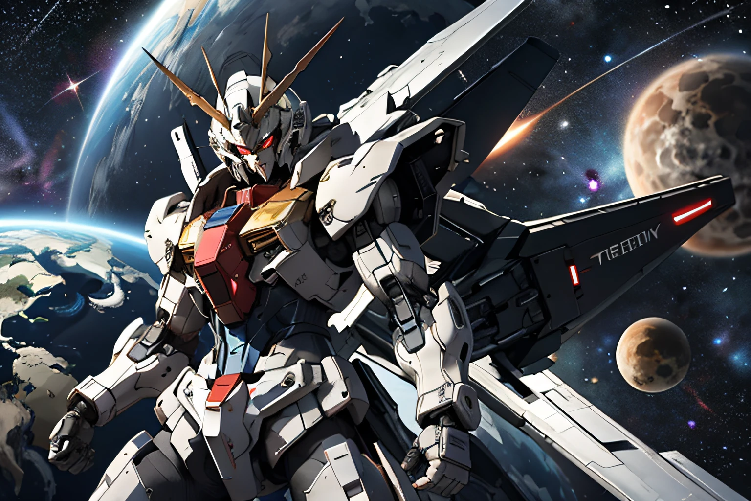 Gundam with blue and red body、Fly in outer space。Earth with stars on background、