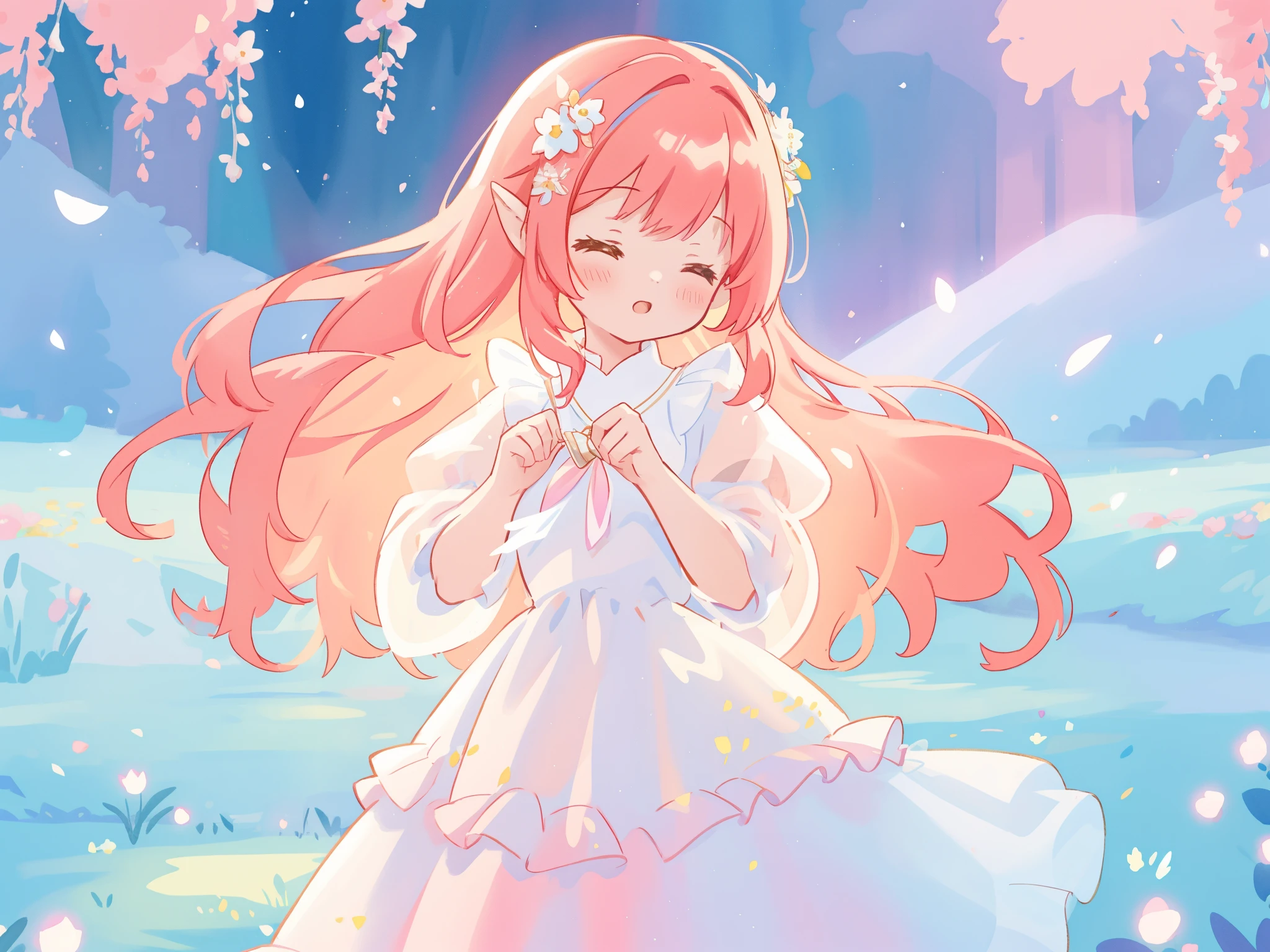 beautiful fairy girl in sparkling white ballgown, puffy flowing ballgown, sheer fluttering sleeves, ((glowing sheer layered dress)), long red gold hair, colorful fantasia background, delicate white flowers in her hair, watercolor illustration, glowing lights, beautiful digital illustration, ((fantasia otherworldly landscape)), beautiful, masterpiece, best quality, (vibrant pastel colors), (colorful), magical forest landscape, sharp focus, intricate details, highly detailed, 8k resolution