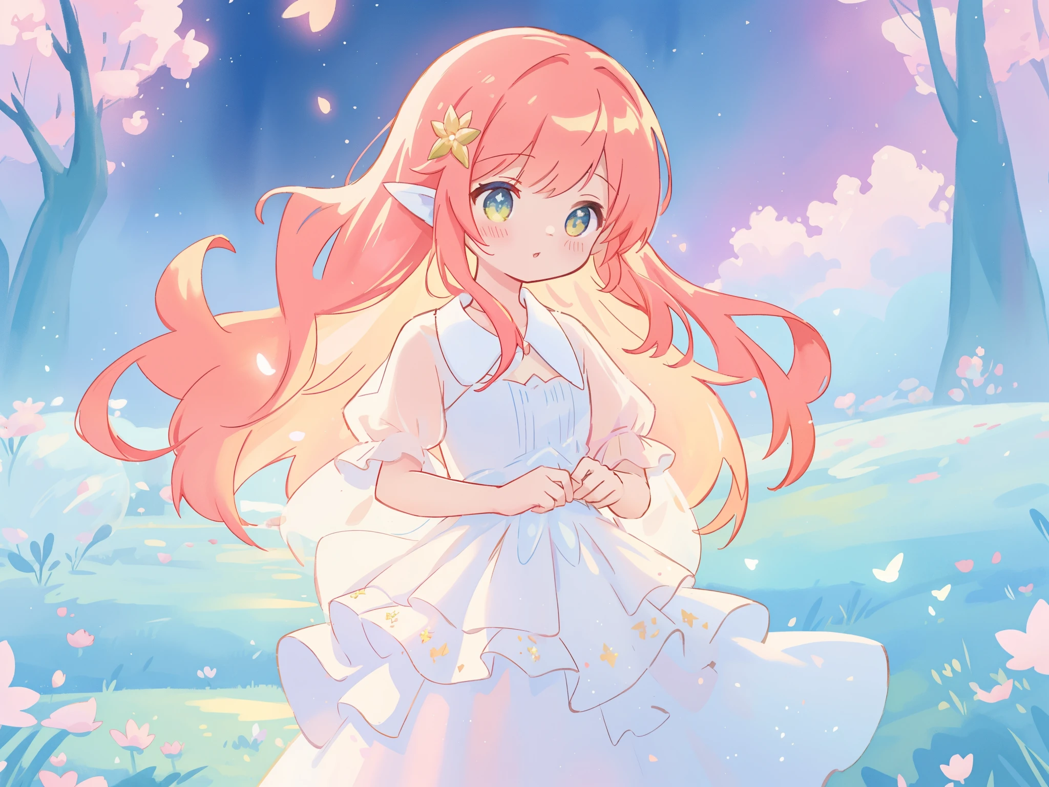 beautiful fairy girl in sparkling white ballgown, puffy flowing ballgown, sheer fluttering sleeves, ((glowing sheer layered dress)), long red gold hair, colorful fantasia background, delicate white flowers in her hair, watercolor illustration, glowing lights, beautiful digital illustration, ((fantasia otherworldly landscape)), beautiful, masterpiece, best quality, (vibrant pastel colors), (colorful), magical forest landscape, sharp focus, intricate details, highly detailed, 8k resolution