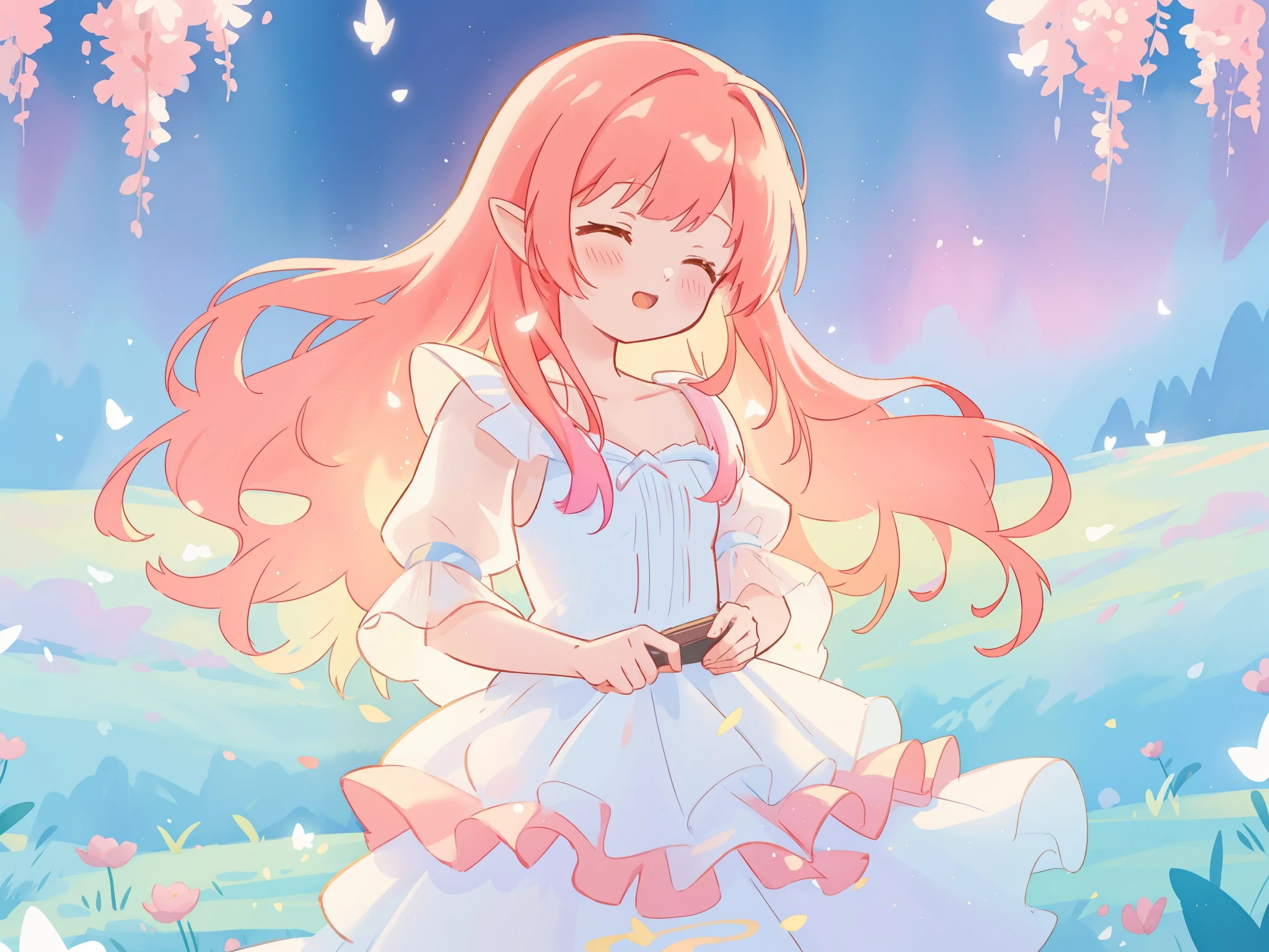 beautiful fairy girl in sparkling white ballgown, puffy flowing ballgown, sheer fluttering sleeves, ((glowing sheer layered dress)), long red gold hair, colorful fantasia background, delicate white flowers in her hair, watercolor illustration, glowing lights, beautiful digital illustration, ((fantasia otherworldly landscape)), beautiful, masterpiece, best quality, (vibrant pastel colors), (colorful), magical forest landscape, sharp focus, intricate details, highly detailed, 8k resolution