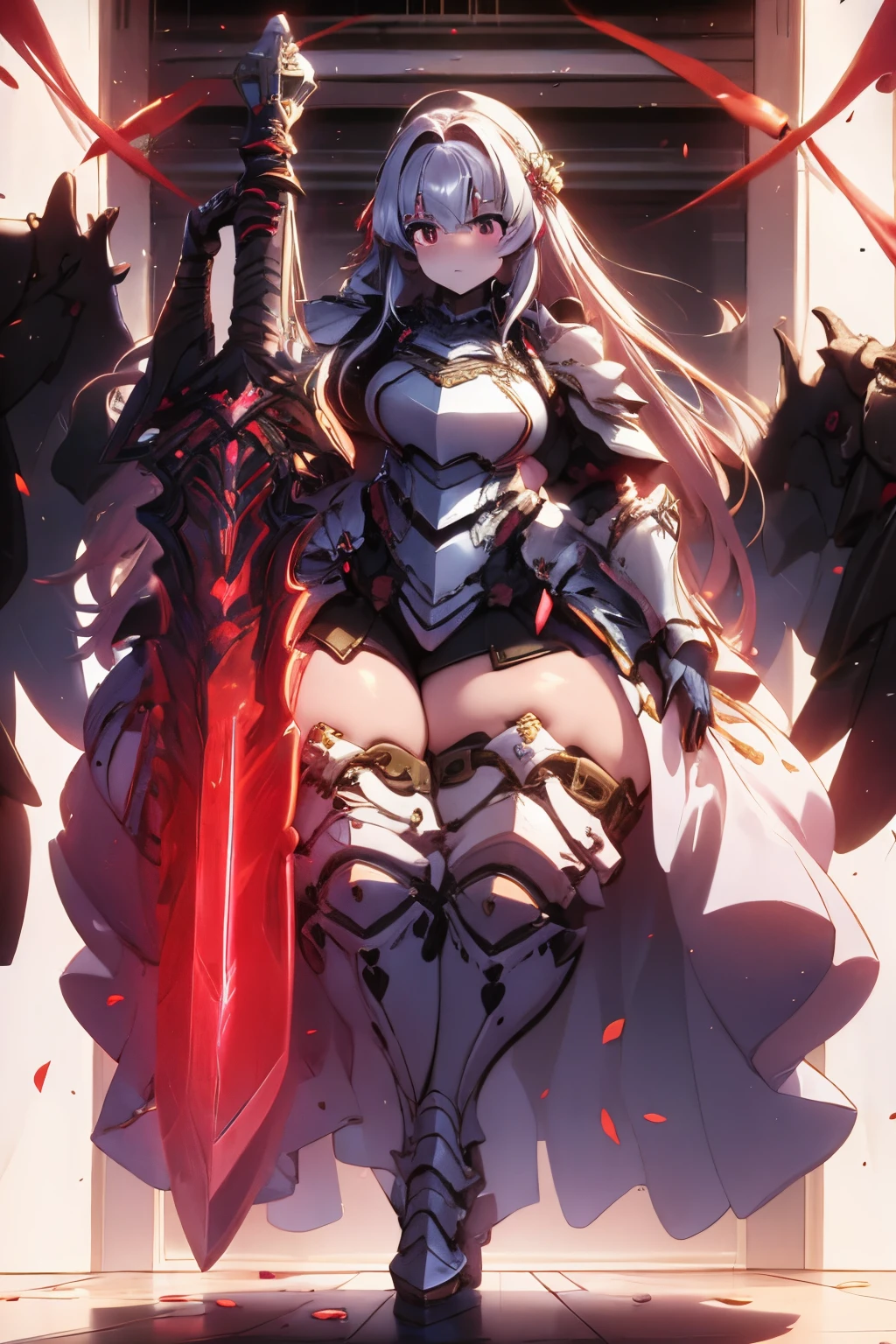 Masterpiece, best quality, hyper bottomheavy, big breasts, hyper breasts, wide hips, hyper hips, thick thighs, hyper thighs, skimpy, breasts touching ground, breasts bigger than head, bbw, chubby, love handles, armor, full plate, fighting pose, holding weapon, holding sword, wings