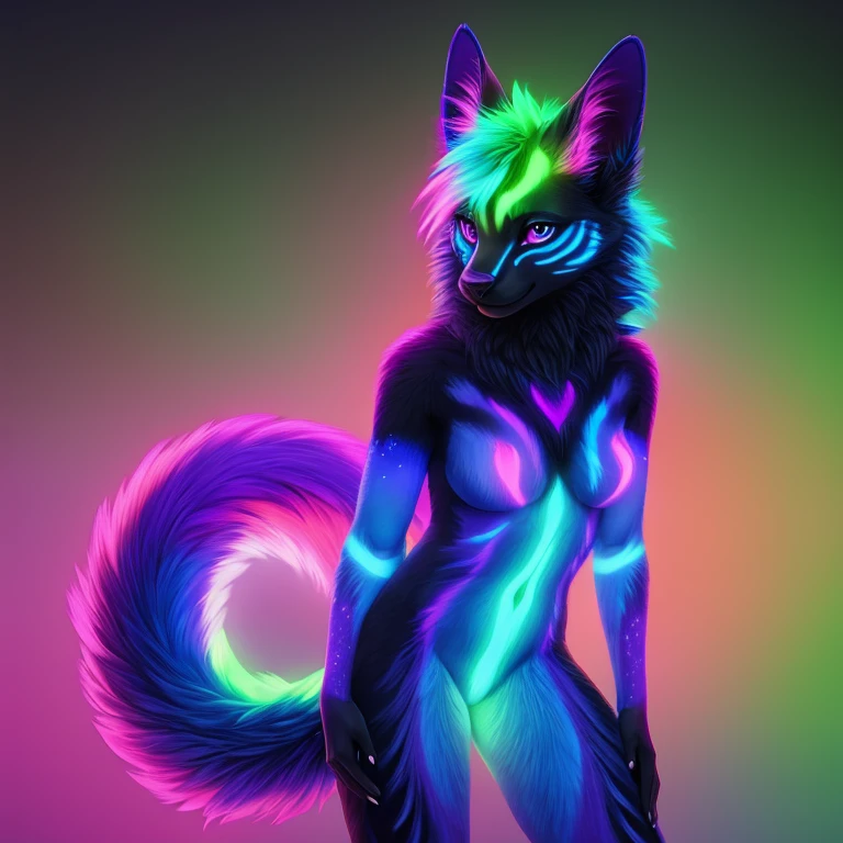 e6top150, fluorescent fur, colorful body, glowing spots, glowing markings, furry female, body fur, anthro, solo, realistic, (best quality, masterpiece:1), detailed, tail, looking at viewer, smile, (gradient background:1.2),