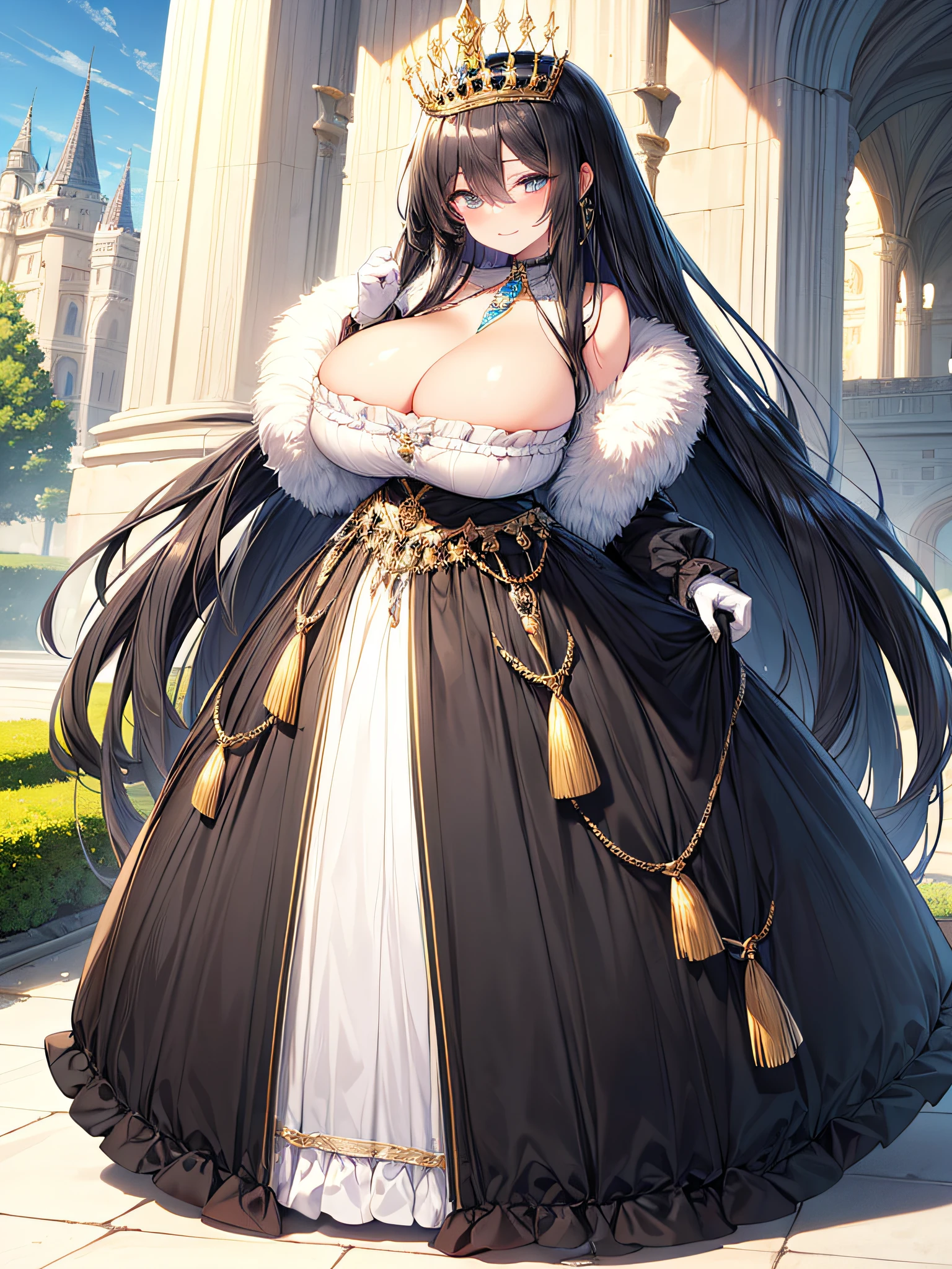 anime artstyle,Masterpiece,(Best Quality),(Super Detail),(Very Delicate and Beautiful),(Solo),((full body portrait)),full body,full body portrait,(detailed face and eyes),jewel-like beautiful eyes,(ruffled gorgeous black rococo ballgown decorated with frilled voluminous full length hoop skirt),(Decadent and arrogant queen),Purple eyes,(Bangs between eyes),(arrogant,haughty),arrogant smile,((1 arrogant queen in a beautiful embroidery and jeweled gorgeous black rococo ballgown with voluminous full length hoop skirt)),((gold trim,Decadent,Crinoline)),super detailed gorgeous rococo black ballgown with frilled voluminous full length hoop skirt,(black Hair,large amount of straight hair,extremely voluminous Very Long straight Hair,Absolutely Long Straight Hair),((gigantic boobs)),cleavage,(fantasy castle,outdoors,outside the castle),long_gloves,extremely gorgeousfull jeweled hair ornament,bling-bling extremely gorgeousfull jeweled tiara,(luxurious jewelry),full body portrait