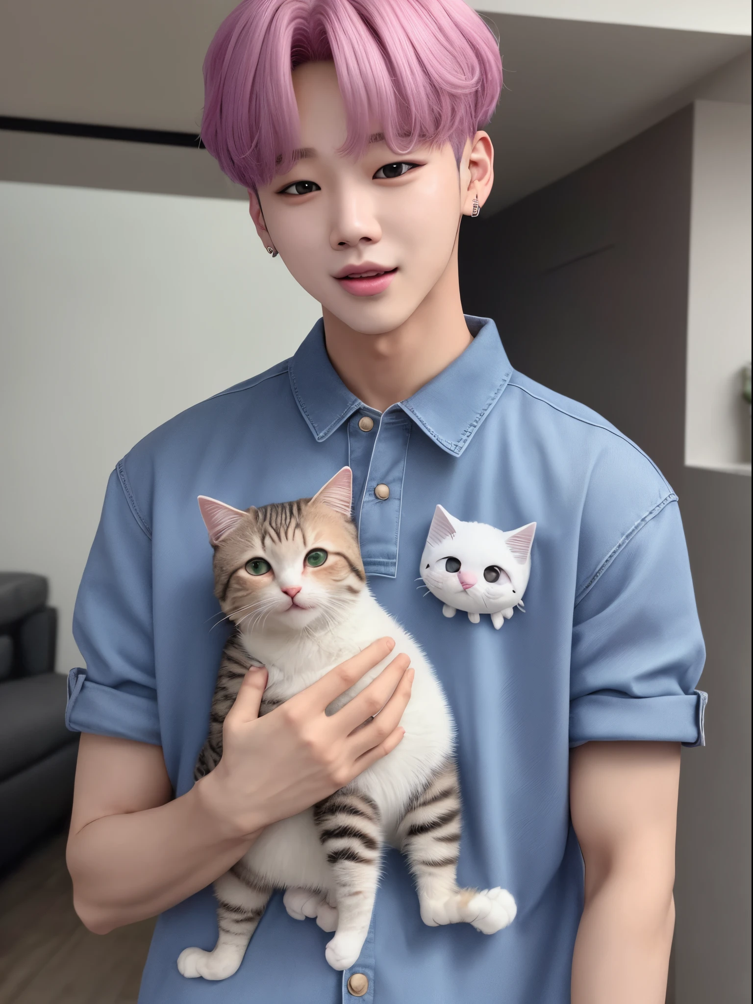 Jimin (idol do BTS) cuidando de um gatinho branco peludo realista