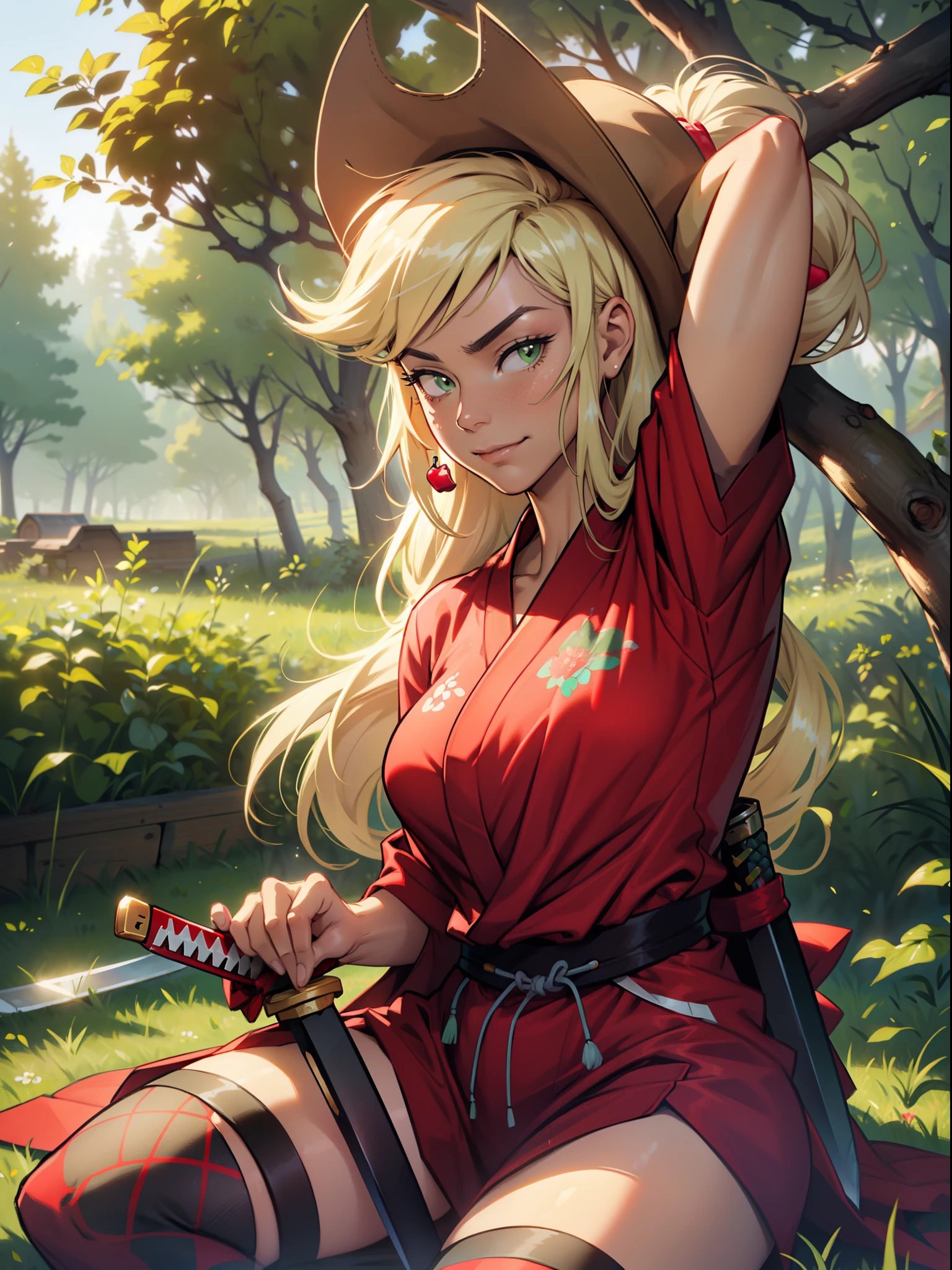 AppleJack, Applejack from my little pony, big breastes, Lush breasts, closed clothing, elastic breasts, exuberant hair, straight hair, red elastic band on the hair, samurai, kimono , smirk, serious face, Katana in hand, big iron katana, very long katana, emphasis on the sword, shiny sword, glitter sword, view from bottom, Foreshortening from the ground, fishnet stockings, apple hairpin, green red outfit, Red Belt, a lot of green and red, beste-Qualit, Very detailed, Japanese farm, the trees, Apple trees, cowboy hat