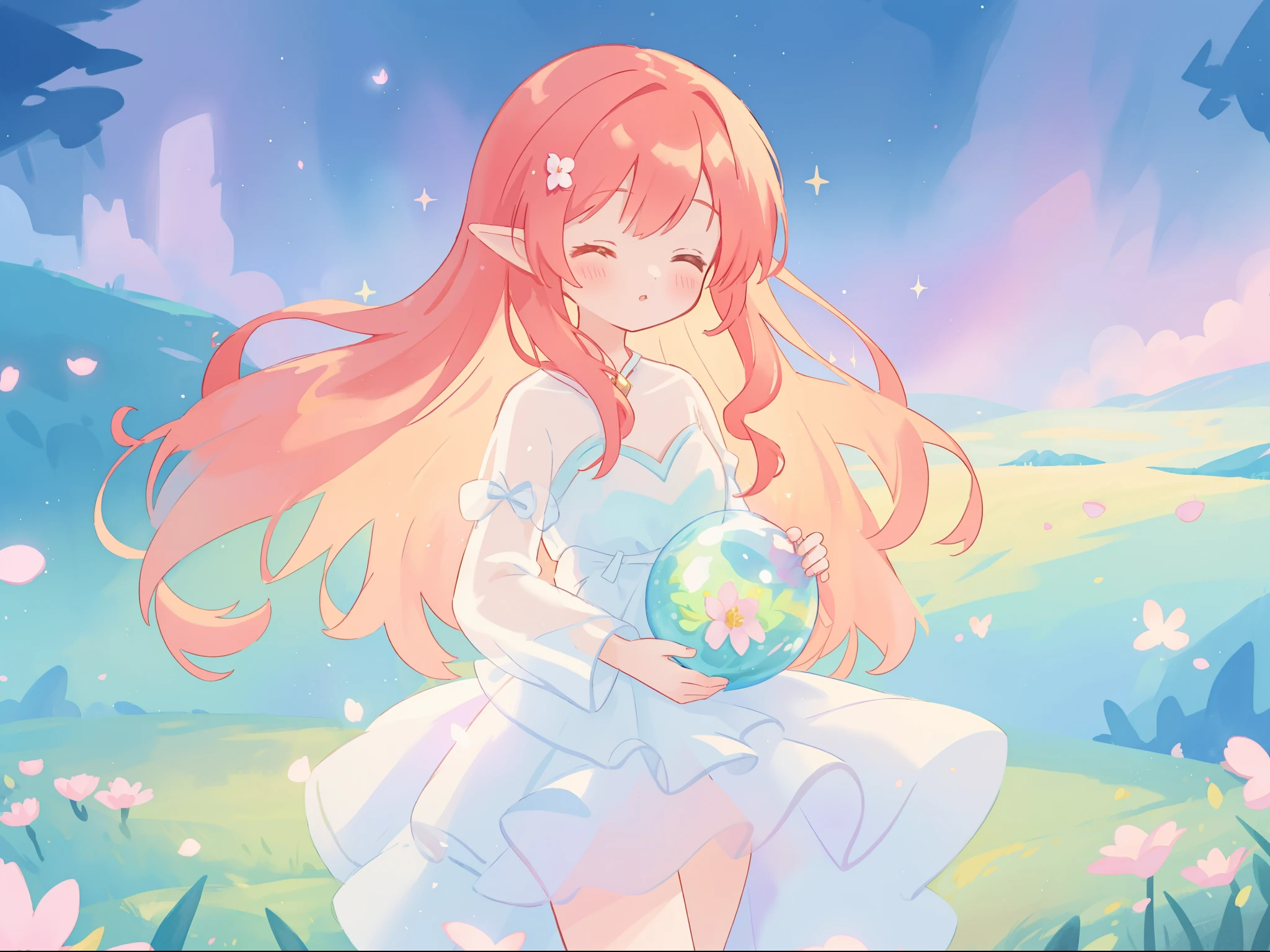 beautiful fairy girl in sparkling white ballgown, puffy flowing ballgown, sheer fluttering sleeves, ((glowing sheer layered dress)), long red gold hair, colorful fantasia background, delicate white flowers in her hair, watercolor illustration, glowing lights, beautiful digital illustration, ((fantasia otherworldly landscape)), beautiful, masterpiece, best quality, (vibrant pastel colors), (colorful), magical forest landscape, sharp focus, intricate details, highly detailed, 8k resolution