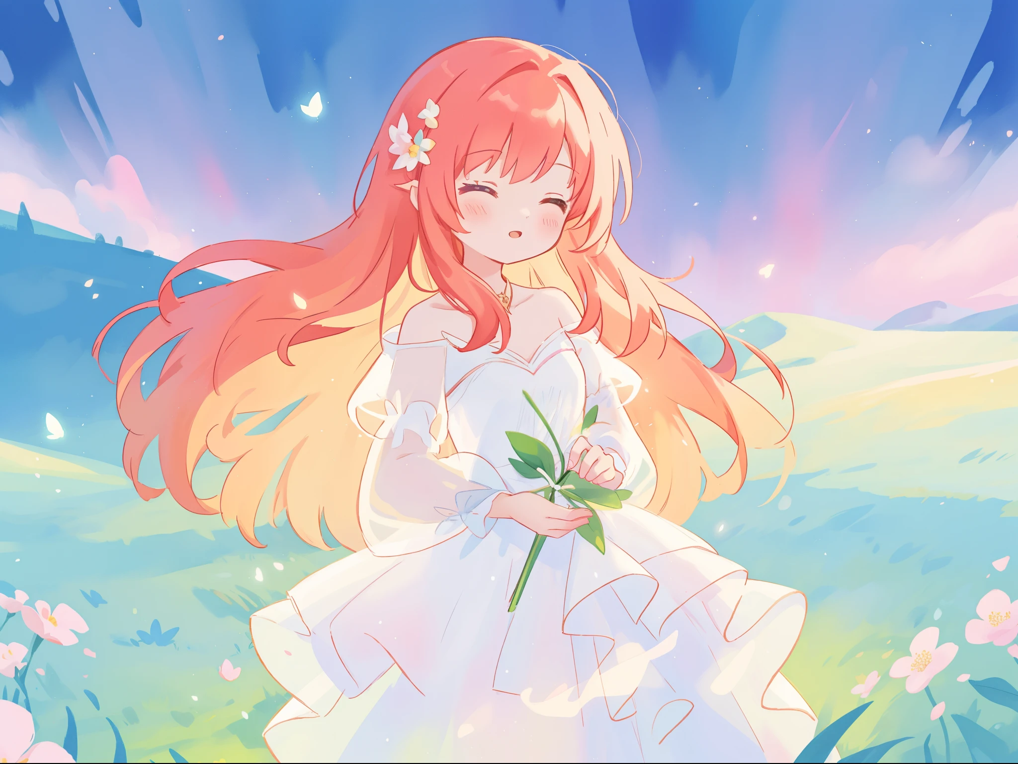 beautiful fairy girl in sparkling white ballgown, puffy flowing ballgown, sheer fluttering sleeves, ((glowing sheer layered dress)), long red gold hair, colorful fantasia background, delicate white flowers in her hair, watercolor illustration, glowing lights, beautiful digital illustration, ((fantasia otherworldly landscape)), beautiful, masterpiece, best quality, (vibrant pastel colors), (colorful), magical forest landscape, sharp focus, intricate details, highly detailed, 8k resolution