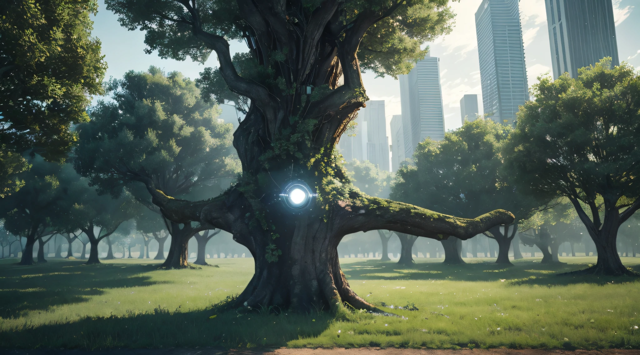 trees are not half electronic, life is cyborg, planet being taken over by technology, realism, 8k, electronic tree, night time