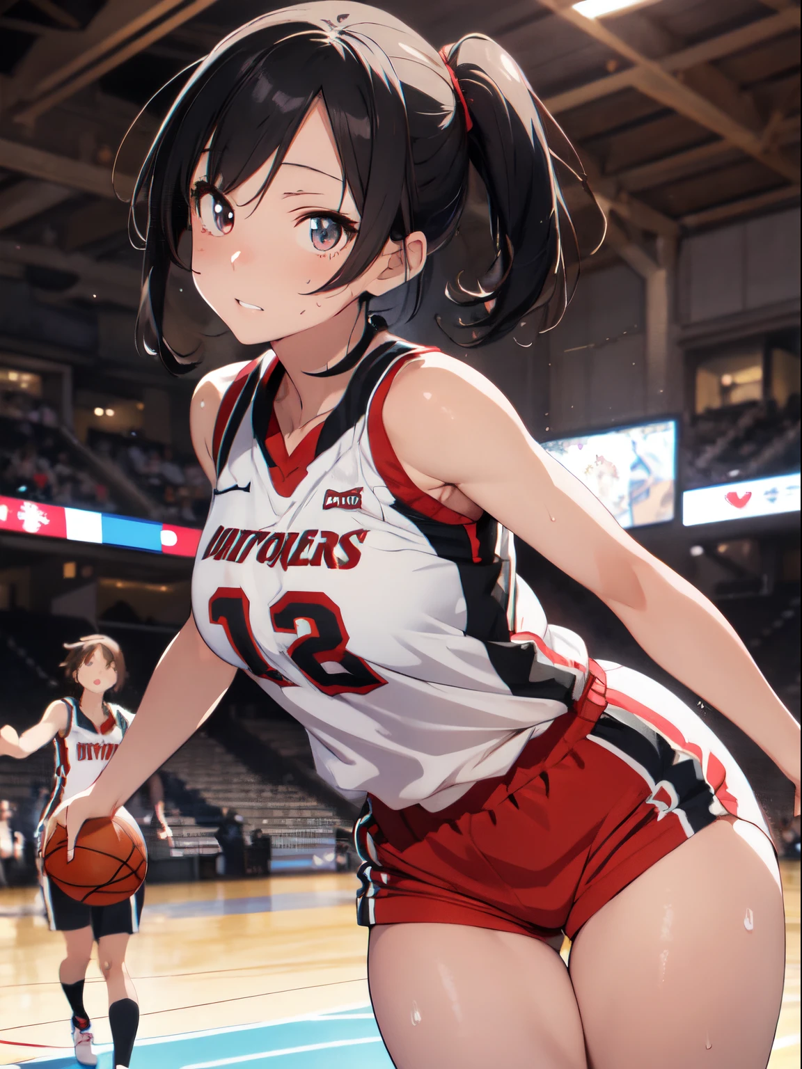 Best Quality, masutepiece, High resolution, (Anime Heroine Illustration), Anime Paint, 1beautiful girl ,Dynamic Angle,Female basketball players ,small head,Large breasts,Smart body,nice legs, Glowing skin, Sweat,At the basketball venue ,(Detailed beautiful face:1.4),detailed skins,Detailed eyes,detailed hairs,Detailed beautiful legs,