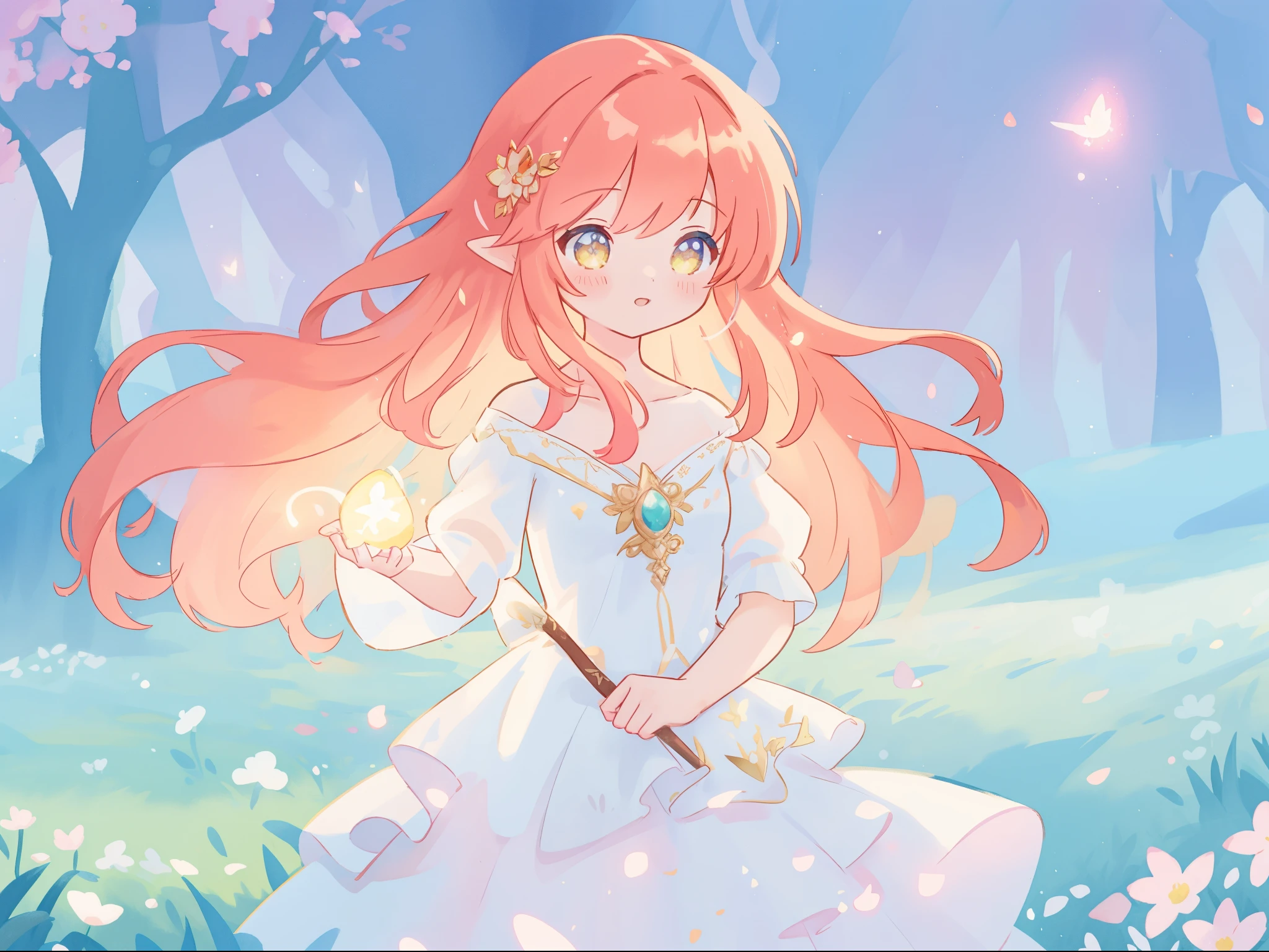 beautiful fairy girl in sparkling white ballgown, puffy flowing ballgown, sheer fluttering sleeves, ((glowing sheer layered dress)), long red gold hair, colorful fantasia background, delicate white flowers in her hair, watercolor illustration, glowing lights, beautiful digital illustration, ((fantasia otherworldly landscape)), beautiful, masterpiece, best quality, (vibrant pastel colors), (colorful), magical forest landscape, sharp focus, intricate details, highly detailed, 8k resolution