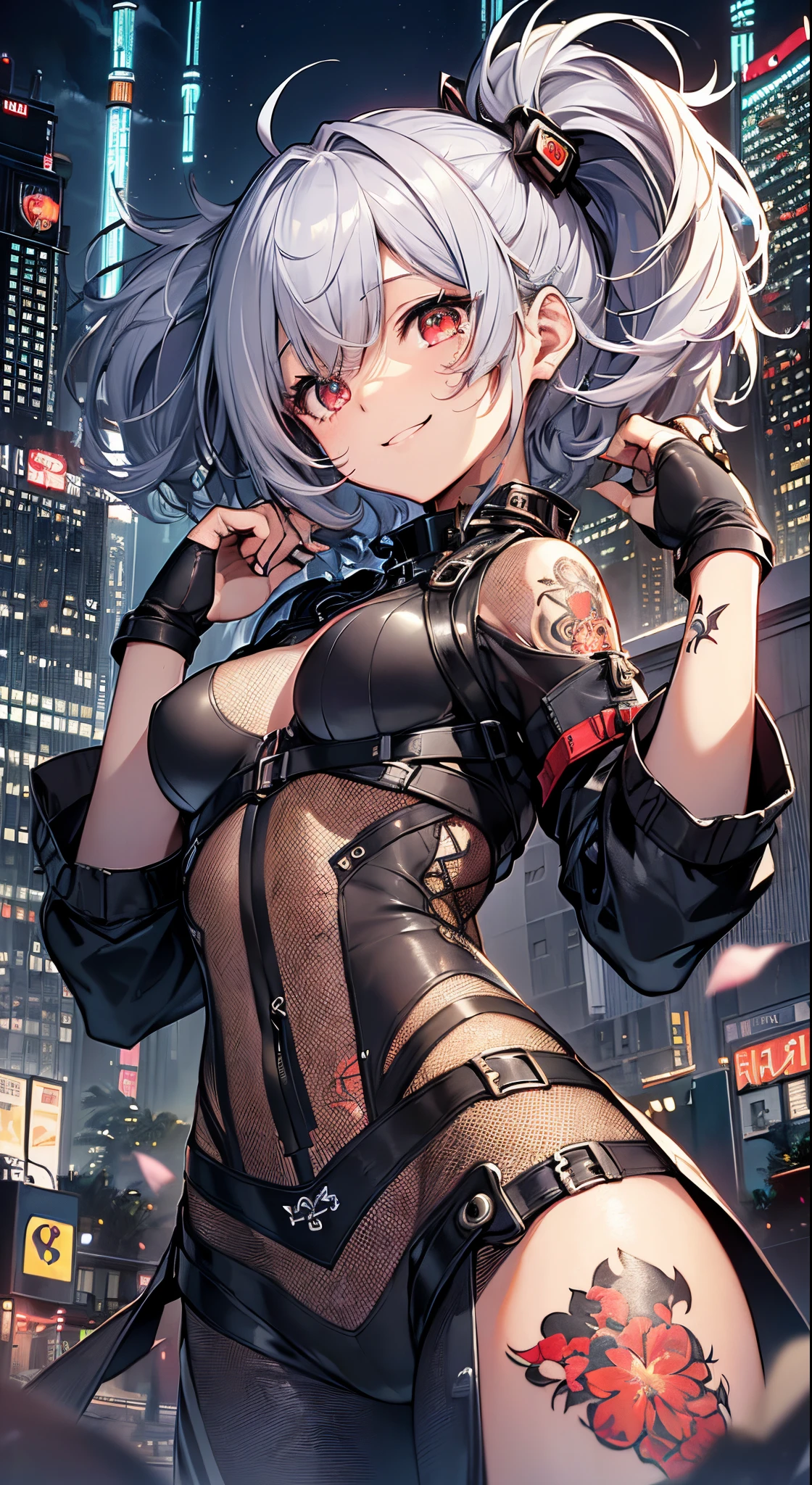 top-quality、Top image quality、in 8K,4K,masterpiece、、ultra-detailliert、Beautiful、ultra-quality、adult-like、Cool、girl with(((18year old、Tattered rubber suit 1:3、Small breasts、silber hair、a short bob、Red Eyes、flank、erotick:1.4、Happiness、The tattoo)))、from below looking up、opening legs widely、Raise your hands up:1.3、hiquality、visualart、Background with((nightcity:1.2))、masutepiece