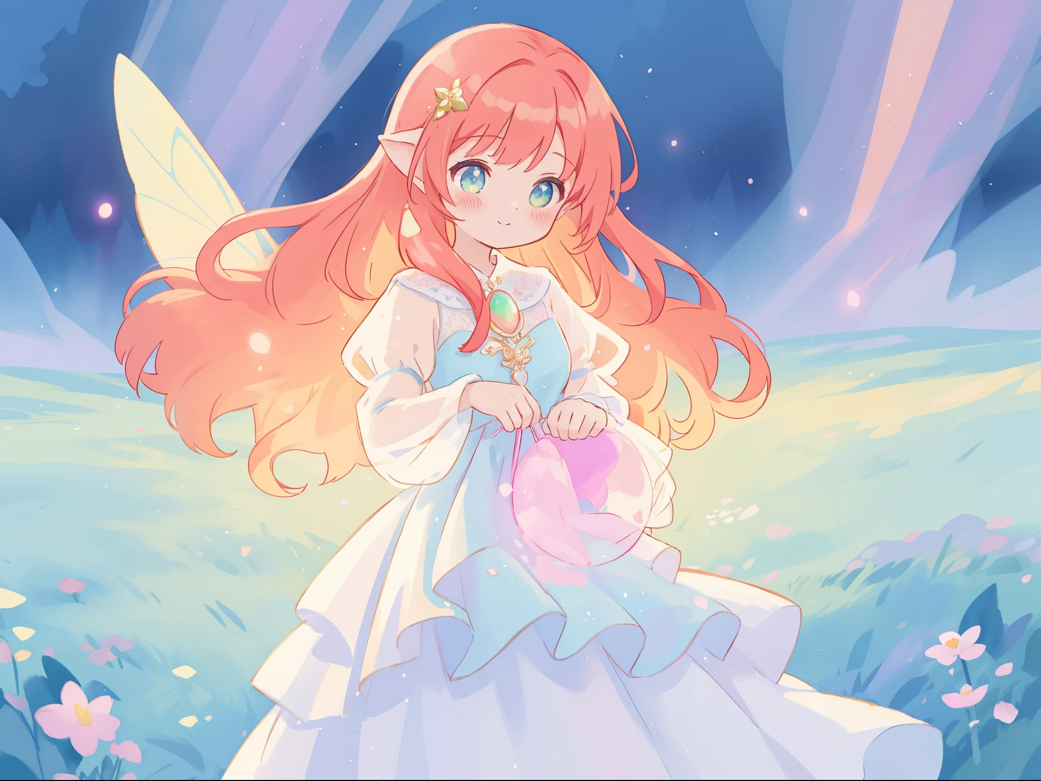beautiful fairy girl in sparkling white ballgown, puffy flowing ballgown, sheer fluttering sleeves, ((glowing sheer layered dress)), long red gold hair, colorful fantasia background, delicate white flowers in her hair, watercolor illustration, glowing lights, beautiful digital illustration, ((fantasia otherworldly landscape)), beautiful, masterpiece, best quality, (vibrant pastel colors), (colorful), magical forest landscape, sharp focus, intricate details, highly detailed, 8k resolution