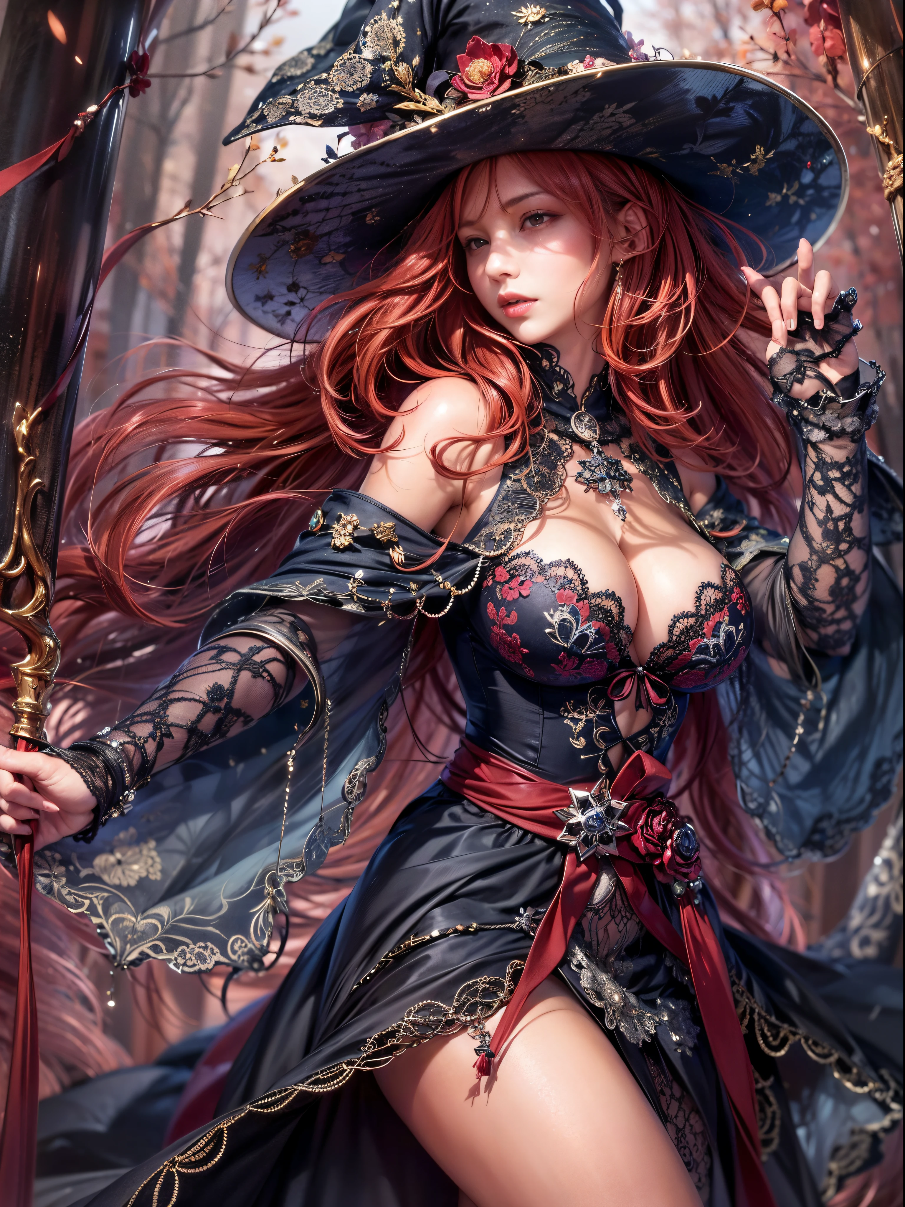 ((Masterpiece)), ((Best Quality)), Ultra High Resolution, HDR, Ultra Realistic, absurd, 8K, Perfect Art, Super Detailed Rendering, Masterpiece, High Quality, high resolution, ultra-detailed, Clean, Masterpiece, Professional Artwork, beautiful, masterpiece, best quality, The Sorceress from Dragon’s Crown, a sexy sorceress, (long red hair: 1.4), long hair, beautiful face, detailed female face, (((perfect female body, narrow waist))), beautiful female body, full body, very pretty woman, young, very pretty woman, sexy, tall, sexy, very attractive, (very big breasts:1.0), (huge breasts), Large wide brimmed witches hat, Black witches hat with purple ribbons, a black bustier with a white lace rim around the breast, intricate white lace edging, cleavage, deep cleavage, long purple skirt with a high split showing all of her leg, pointed witches shoes, brown sash belt, holding a large wooden witches staff.