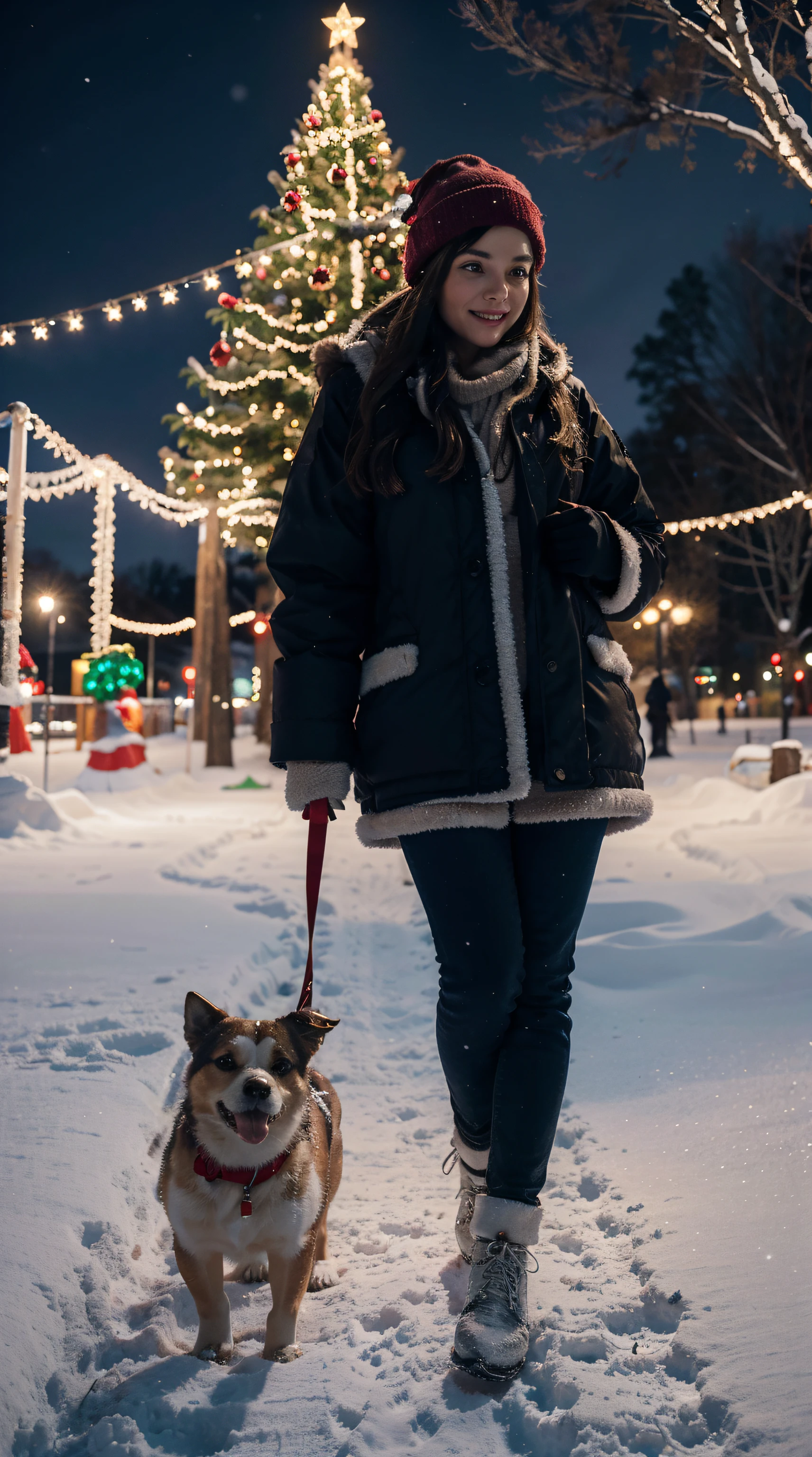 Describe Christmas fun in a snow park, with a girl holding her dog's hand while looking at colorful Christmas lights, ultra detail, upscale, 8k