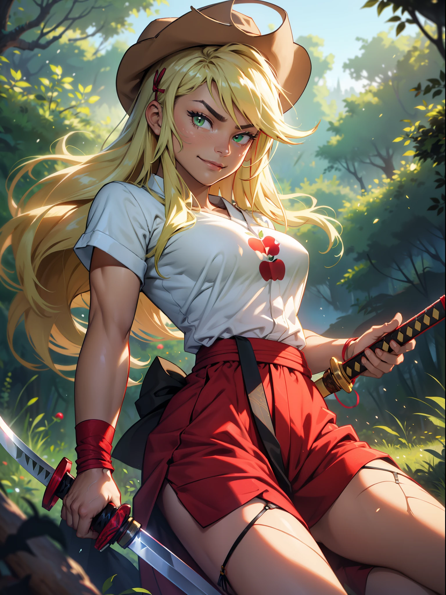 AppleJack, Applejack from my little pony, big breastes, Lush breasts, closed clothing, elastic breasts, exuberant hair, straight hair, red elastic band on the hair, toned body, brawn, samurai, kimono , smirk, serious face, Katana in hand, big iron katana, very long katana, emphasis on the sword, shiny sword, glitter sword, view from bottom, Foreshortening from the ground, fishnet stockings, apple hairpin, green red outfit, Red Belt, a lot of green and red, beste-Qualit, Very detailed, Japanese farm, the trees, Apple trees, cowboy hat