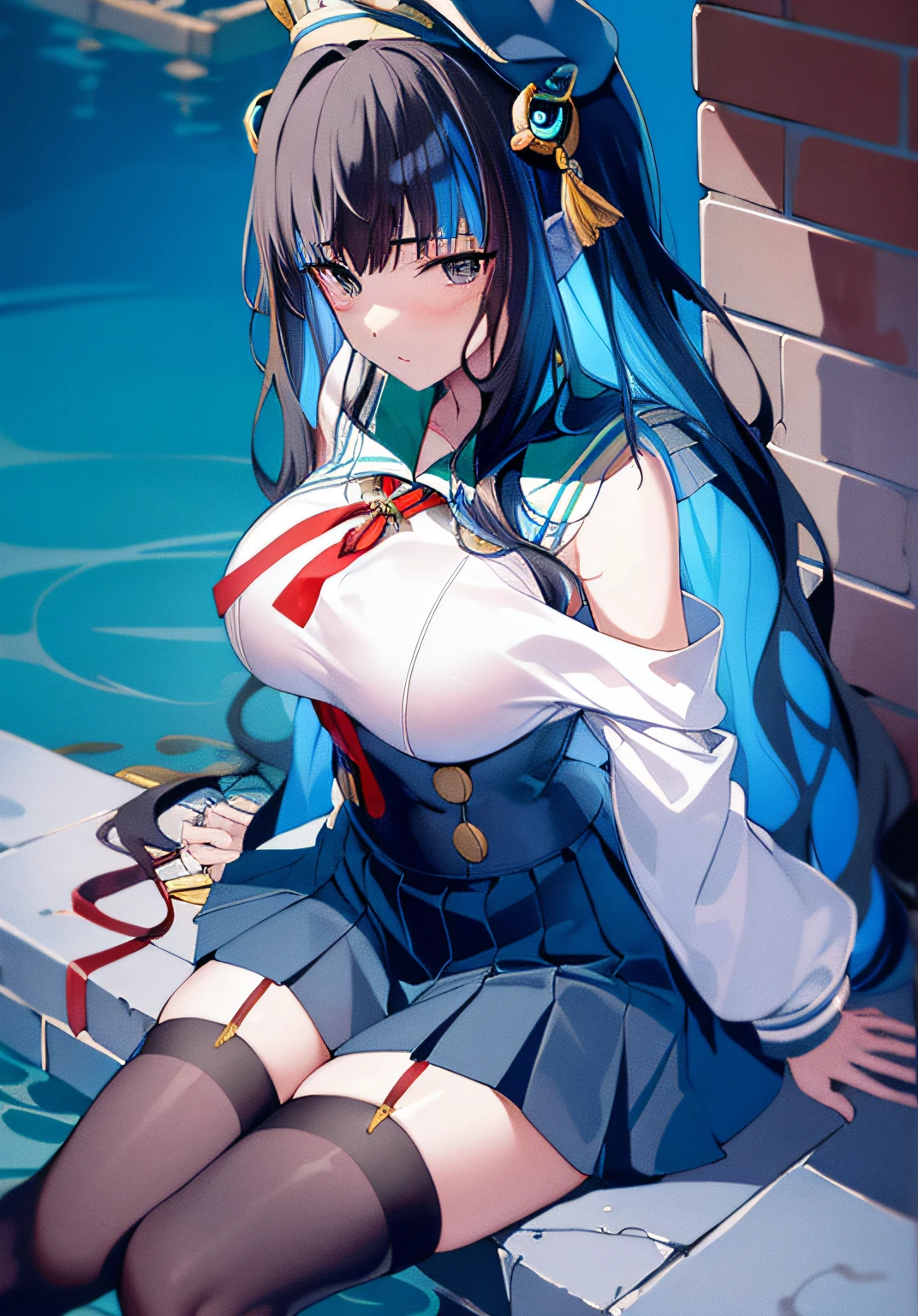 tmasterpiece, Best quality at best, A high resolution, 1个Giant Breast Girl, Alone, B4,mediuml breasts，Water snake waist，stoop，Looming，Long wavy hair，a sailor suit，pleatedskirt，Over-the-knee black stockings