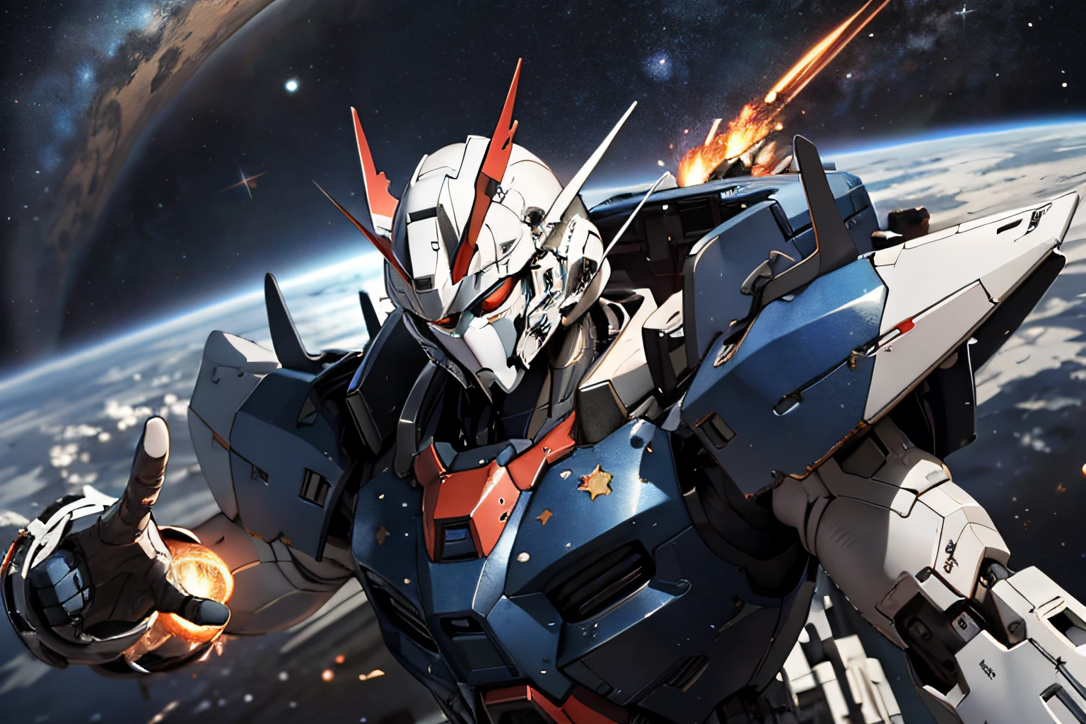 Gundam with blue and red body、Fly in outer space。Earth with stars on background、