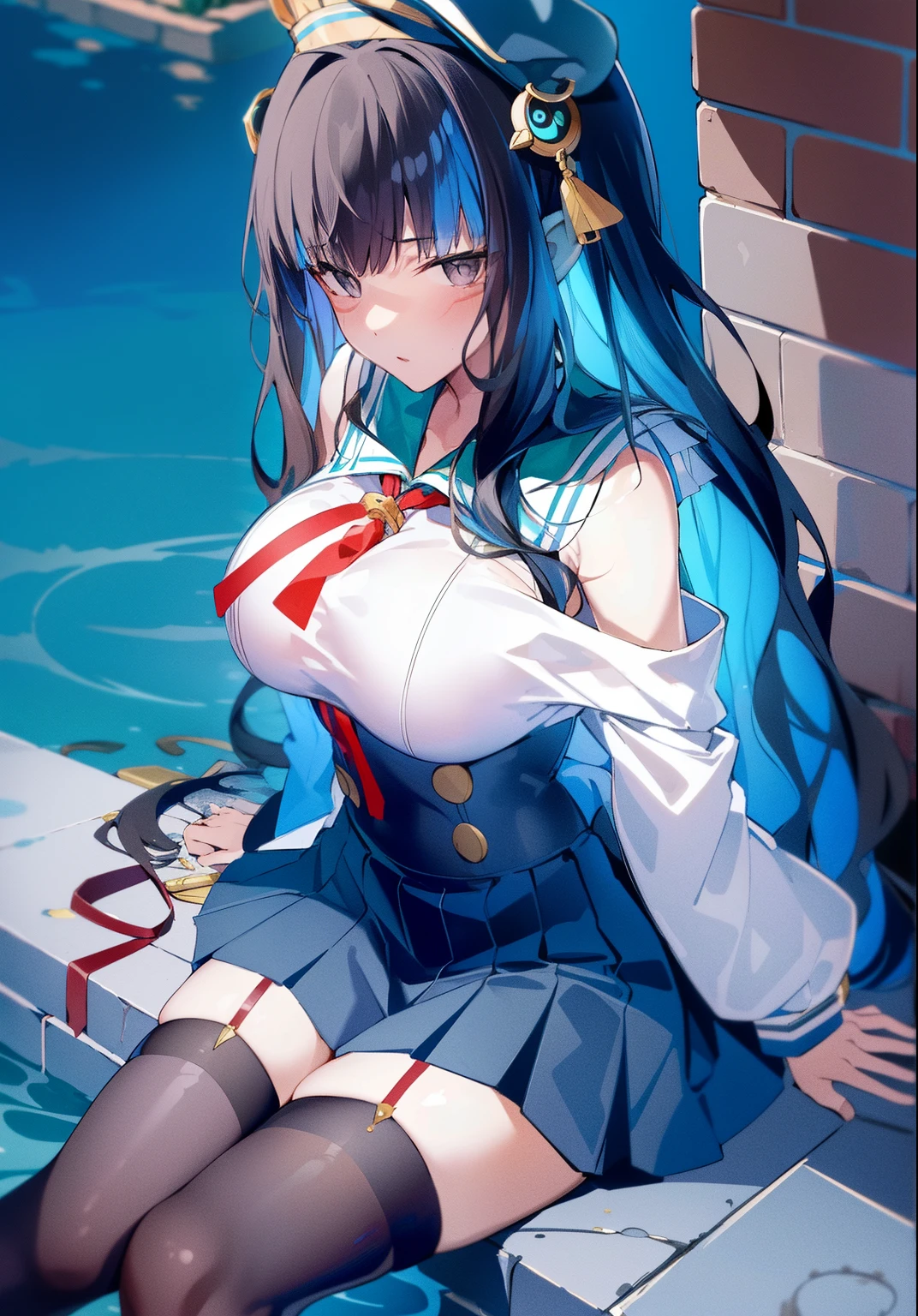 tmasterpiece, Best quality at best, A high resolution, 1个Giant Breast Girl, Alone, B4,mediuml breasts,Water snake waist,stoop,Looming,Long wavy hair,a sailor suit,pleatedskirt,Over-the-knee black stockings