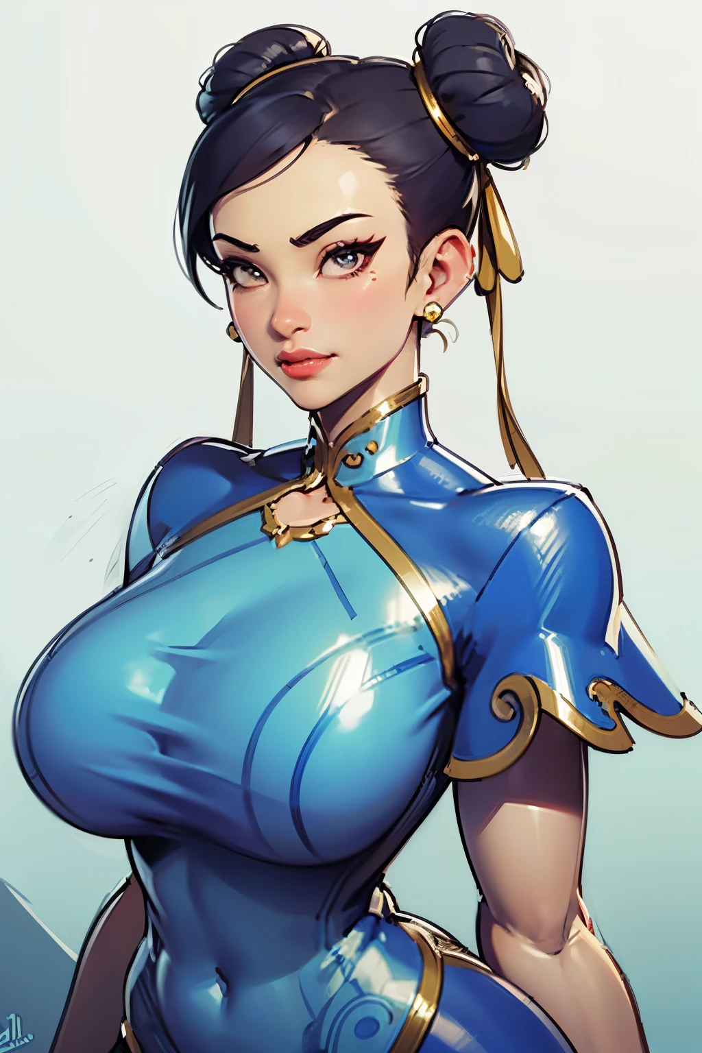 Chun-li, from street fighter,(big breast:1.5),dynamic poses, totally wide open her chest,big chest,super perfect body curve, hair ribbons, twin hair buns, S-shaped body,anime waifu (18 years old)-hot daddy-frivolity-body language, fit figure, bad laughing,gorgeous perfect face, realistic style and super detailed renderings, superrealism,kawaii, zbrush, super-realistic oil, contour shadow-process - (Waiting to start)