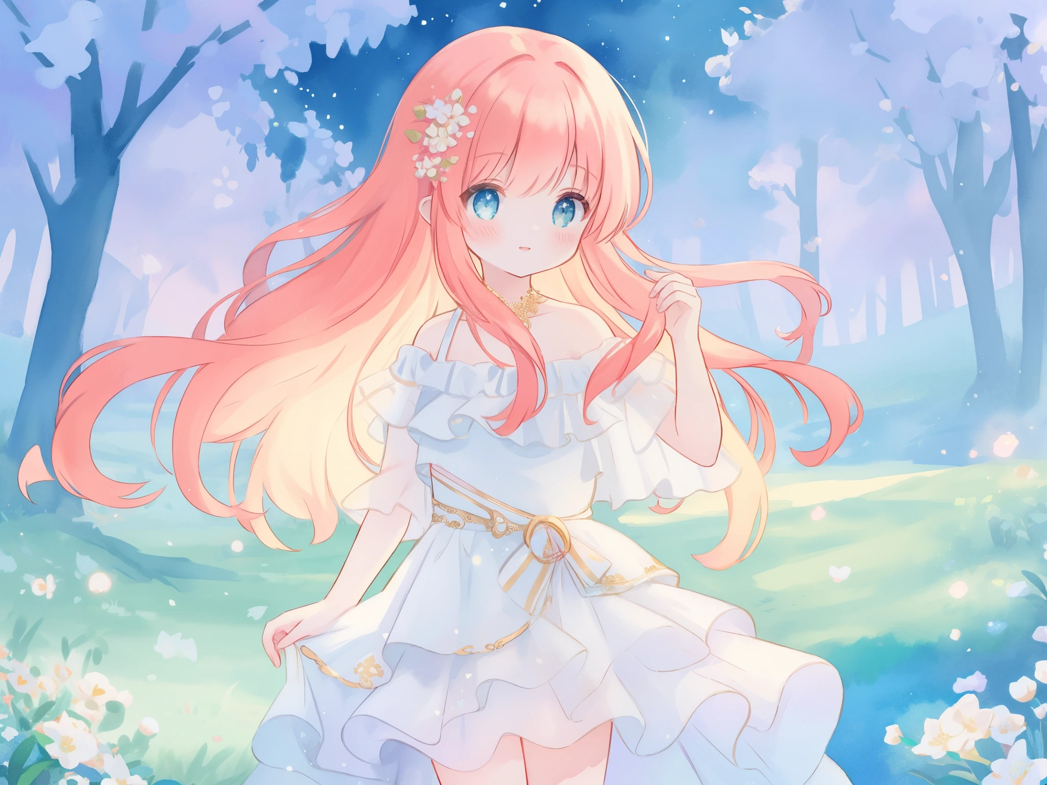 beautiful fairy girl in sparkling white ballgown, puffy flowing ballgown, sheer fluttering sleeves, ((glowing sheer layered dress)), long red gold hair, colorful fantasia background, delicate white flowers in her hair, watercolor illustration, glowing lights, beautiful digital illustration, ((fantasia otherworldly landscape)), beautiful, masterpiece, best quality, (vibrant pastel colors), (colorful), magical forest landscape, sharp focus, intricate details, highly detailed, 8k resolution