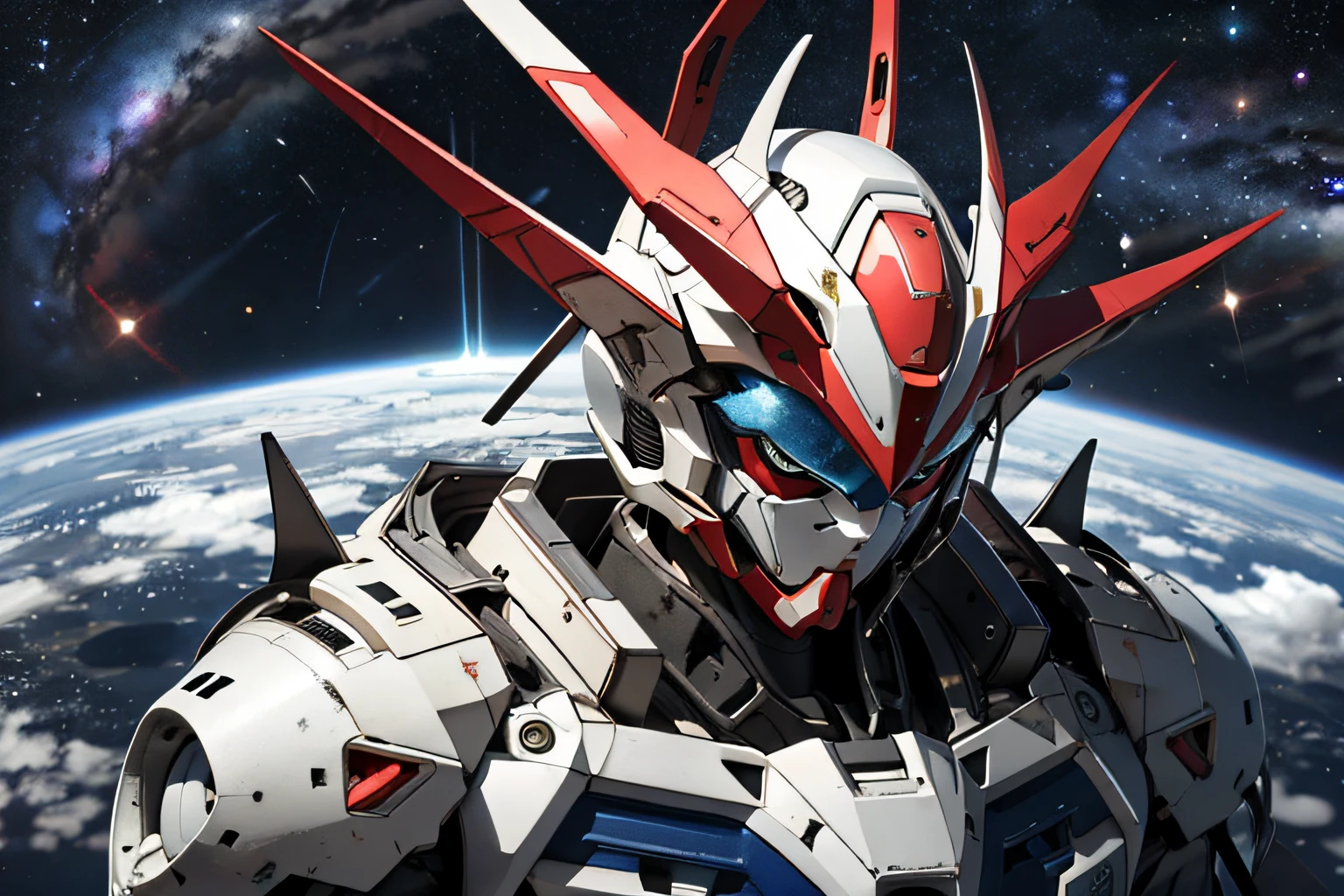 Gundam with blue and red body、Fly in outer space。Earth with stars on background、