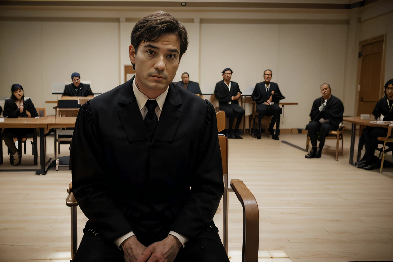 The local court was (((full of people))), the (((judge in his black suit))), the detective (((Robert Lyncon))), in his beige suit, (((lawyer the defendant) ))with his gray suit, (((sitting on the chair))) the ((((defendant facing the judge))))
