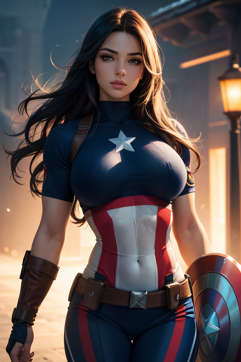 ultra high extremely detailed CG unity 8k wallpaper of a beautiful girl as captain america, perfect lighting,Colorful, Bright_Front_face_Lighting,shiny skin, (masterpiece:1.0),(best_quality:1.0), ultra high res,4K,ultra-detailed, photography, 8K, HDR, highres, (absurdres:1.2), Kodak portra 400, film grain, blurry background, (bokeh:1.2), lens flare, (vibrant_color:1.2),professional photograph, (beautiful_face:1.5), Protruding Breasts, Torpedo boobs, Hypermuscular Body, Very muscular girl, Super Huge Biceps, ripped muscles, black long wavy hair, turned back