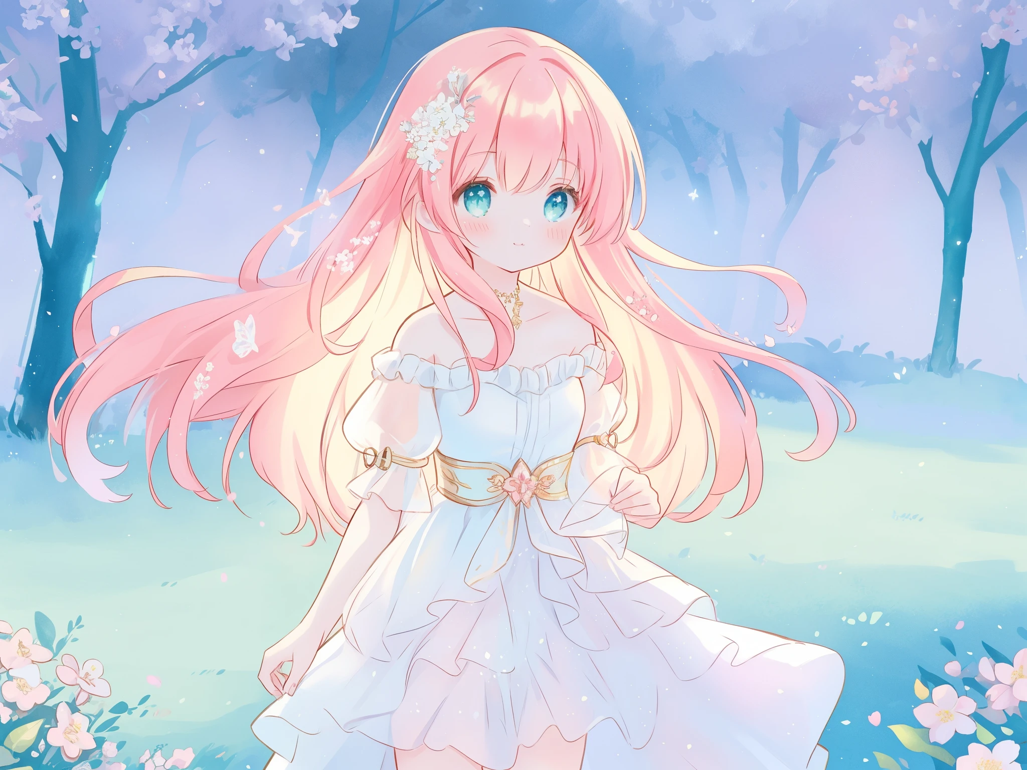 beautiful fairy girl in sparkling white ballgown, puffy flowing ballgown, sheer fluttering sleeves, ((glowing sheer layered dress)), long red gold hair, colorful fantasia background, delicate white flowers in her hair, watercolor illustration, glowing lights, beautiful digital illustration, ((fantasia otherworldly landscape)), beautiful, masterpiece, best quality, (vibrant pastel colors), (colorful), magical forest landscape, sharp focus, intricate details, highly detailed, 8k resolution