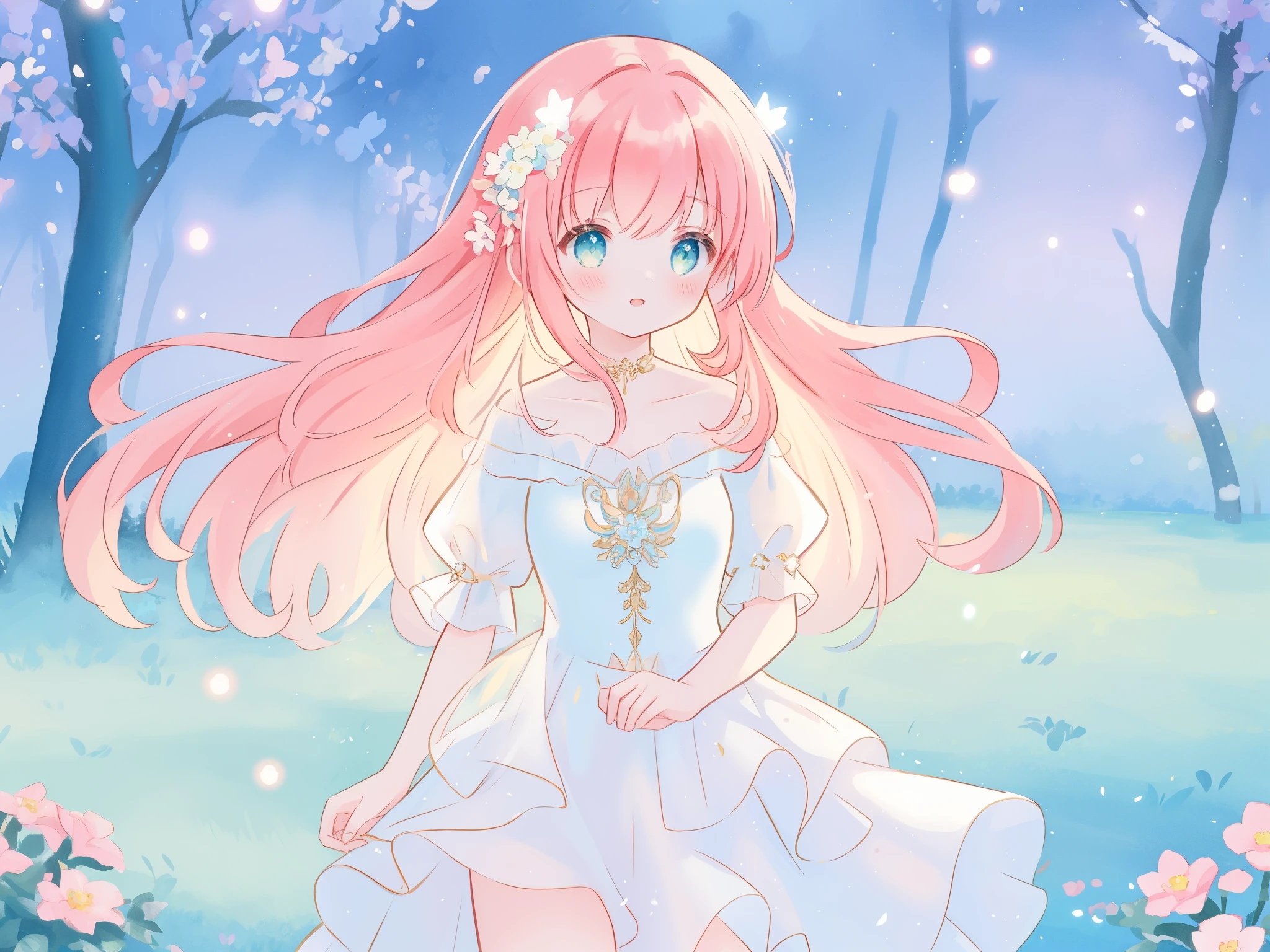 beautiful fairy girl in sparkling white ballgown, puffy flowing ballgown, sheer fluttering sleeves, ((glowing sheer layered dress)), long red gold hair, colorful fantasia background, delicate white flowers in her hair, watercolor illustration, glowing lights, beautiful digital illustration, ((fantasia otherworldly landscape)), beautiful, masterpiece, best quality, (vibrant pastel colors), (colorful), magical forest landscape, sharp focus, intricate details, highly detailed, 8k resolution