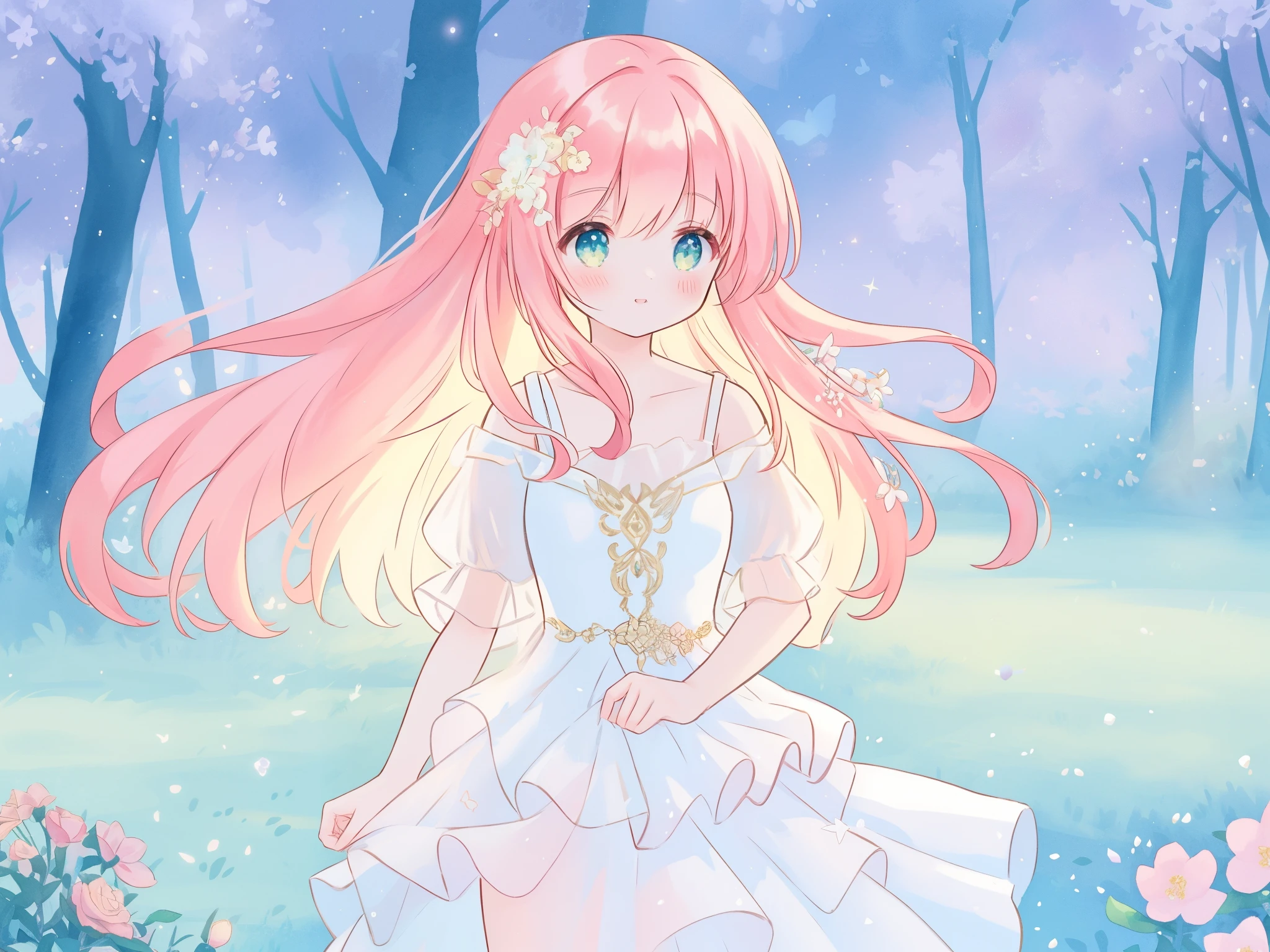beautiful fairy girl in sparkling white ballgown, puffy flowing ballgown, sheer fluttering sleeves, ((glowing sheer layered dress)), long red gold hair, colorful fantasia background, delicate white flowers in her hair, watercolor illustration, glowing lights, beautiful digital illustration, ((fantasia otherworldly landscape)), beautiful, masterpiece, best quality, (vibrant pastel colors), (colorful), magical forest landscape, sharp focus, intricate details, highly detailed, 8k resolution
