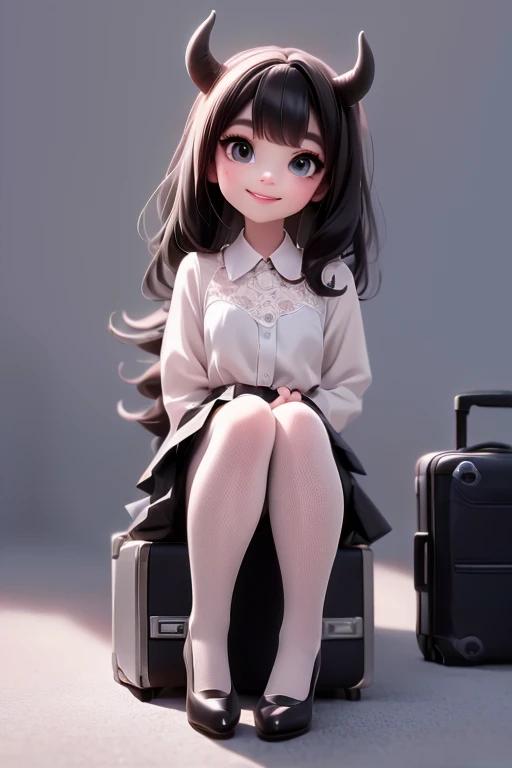 a demon girl smiling sitting on a suitcase with a guitar, smokey eyes makeup, black hair, lace skirt, lace crop shirt, white tights, pumps, full body, promo art, promo shot,