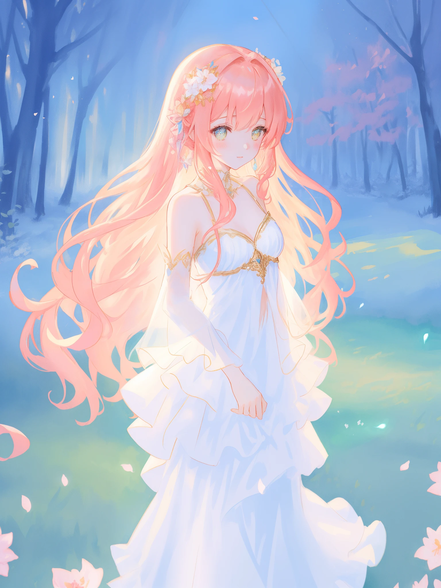 beautiful fairy girl in sparkling white ballgown, puffy flowing ballgown, sheer fluttering sleeves, ((glowing sheer layered dress)), long red gold hair, colorful fantasia background, delicate white flowers in her hair, watercolor illustration, glowing lights, beautiful digital illustration, fantasia otherworldly landscape, beautiful, masterpiece, best quality, (vibrant pastel colors), (colorful), magical forest landscape, sharp focus, intricate details, highly detailed, 8k resolution